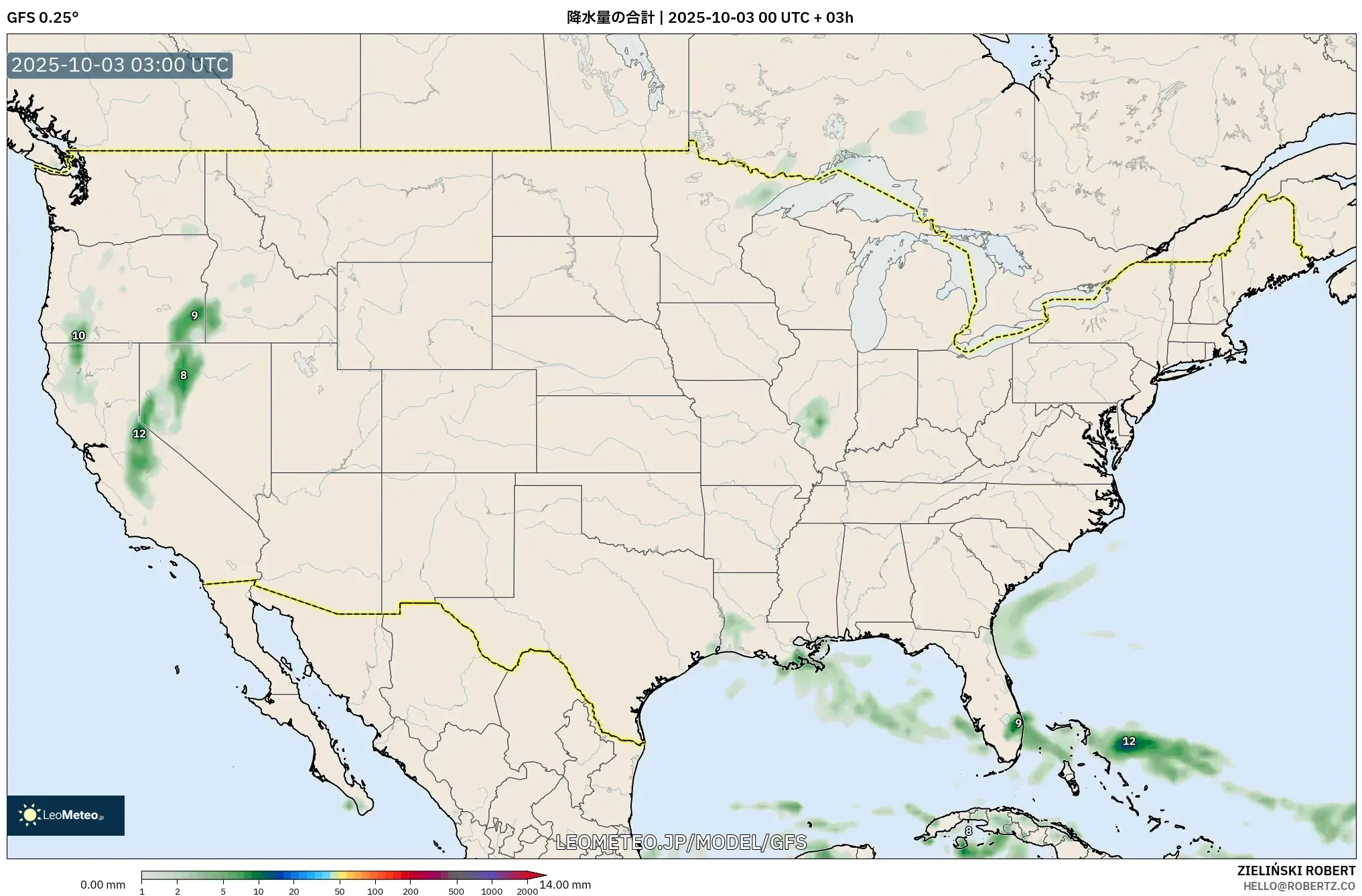 GFS model - アメリカ合衆国, 降水量の合計