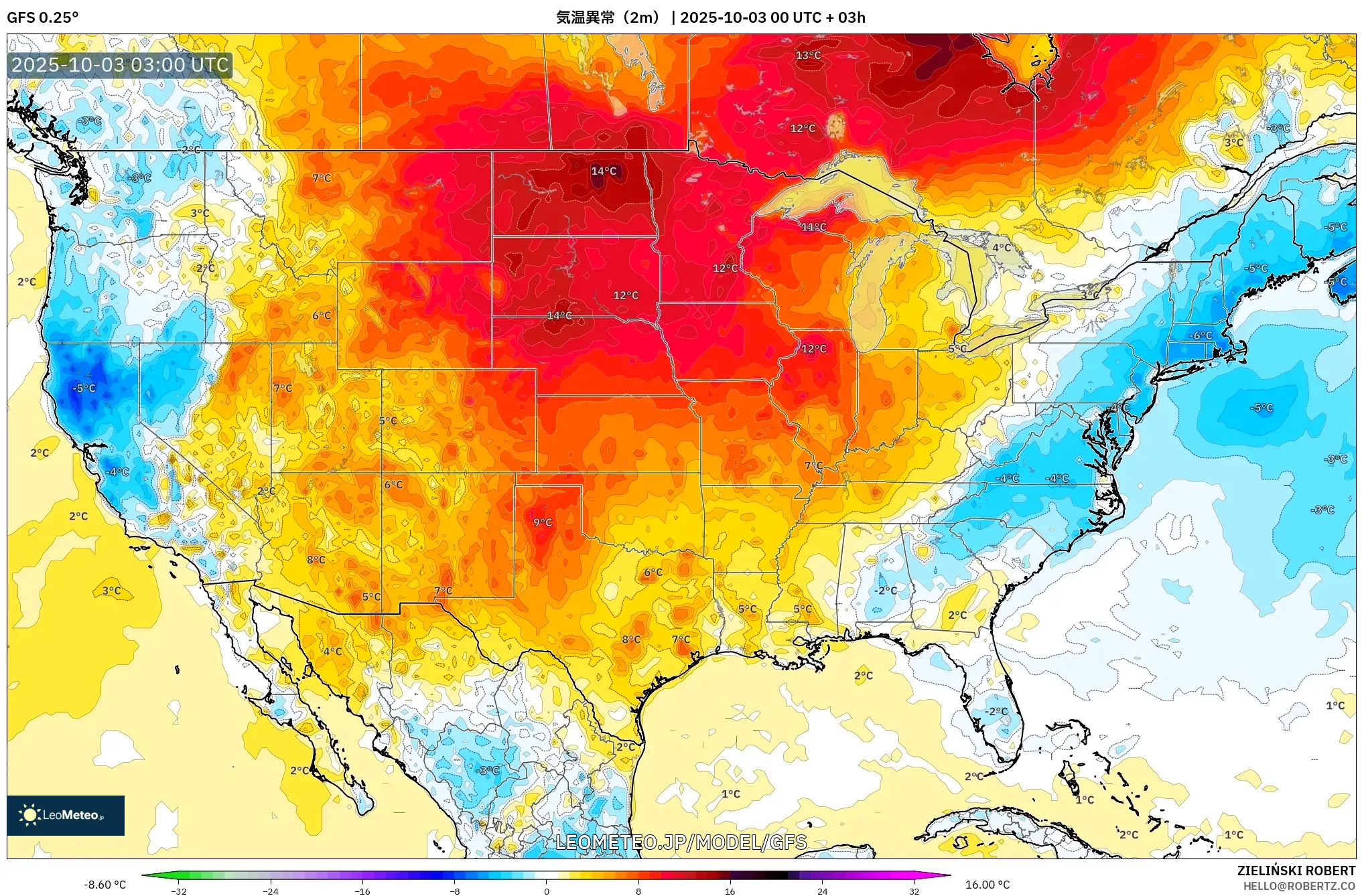GFS model - アメリカ合衆国, 気温異常（2m）
