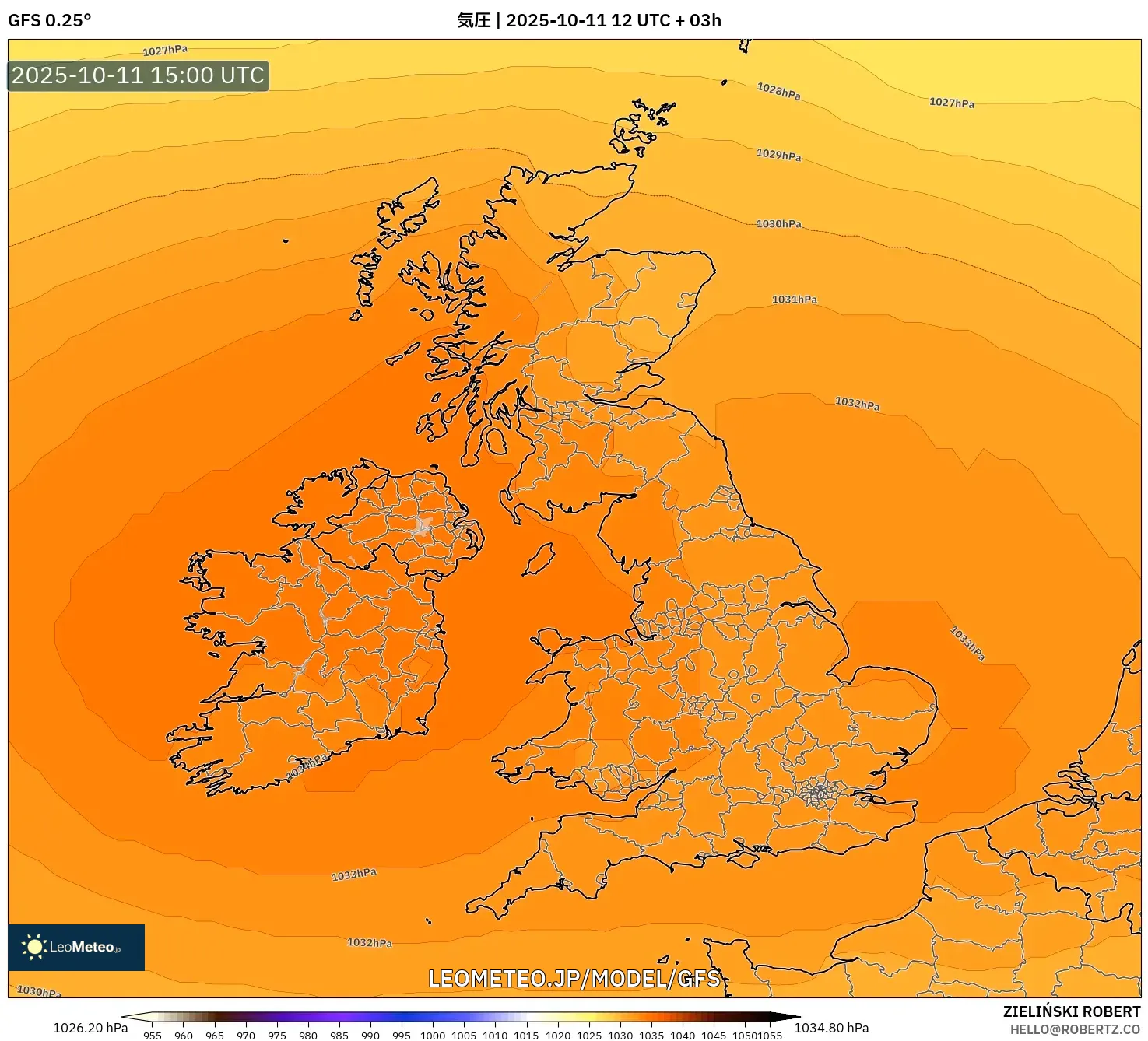 GFS model - イギリス, 気圧 GFS model - イギリス, 気圧