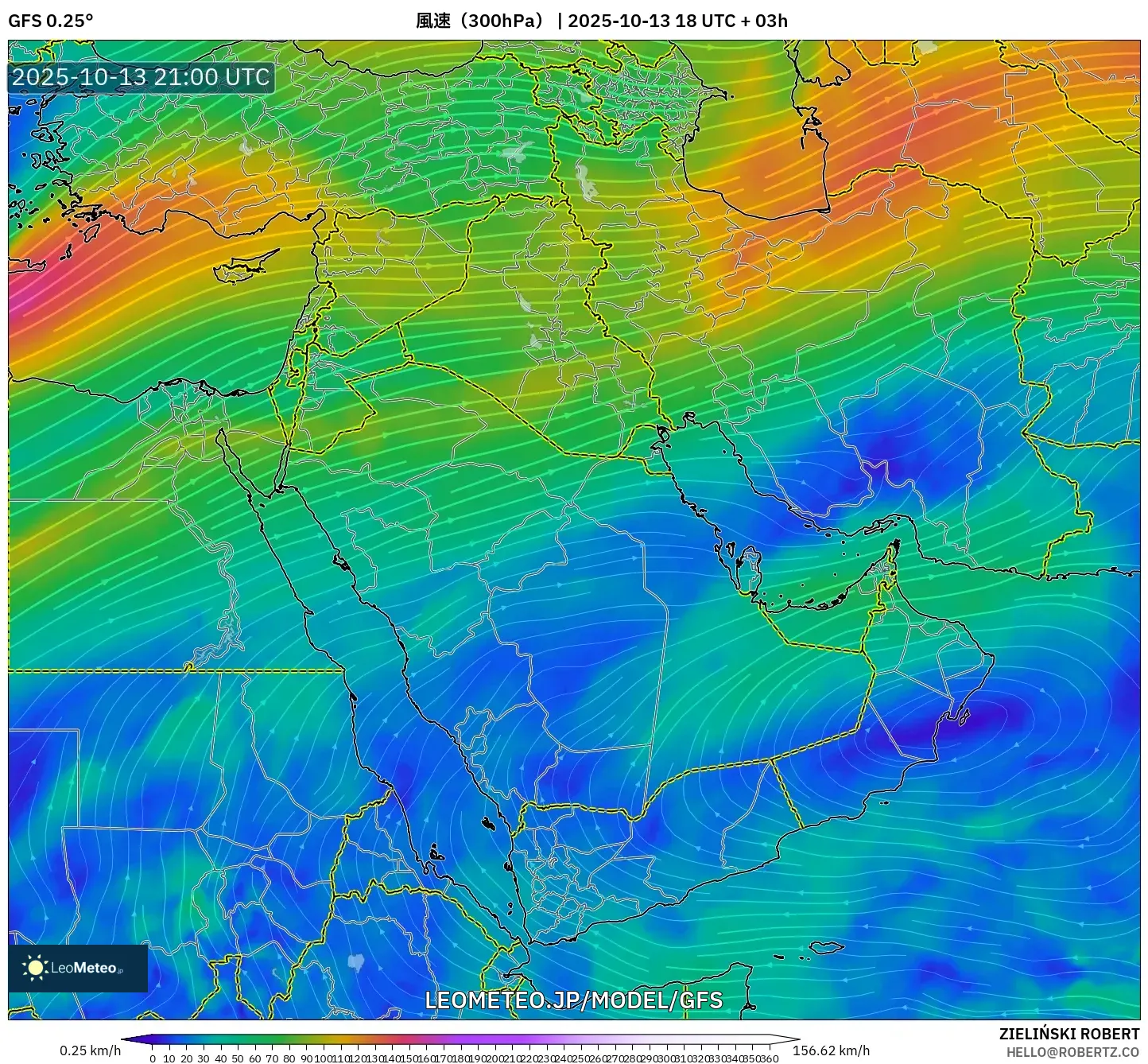 GFS model - 中東, 風速(300hPa) GFS model - 中東, 風速(300hPa)