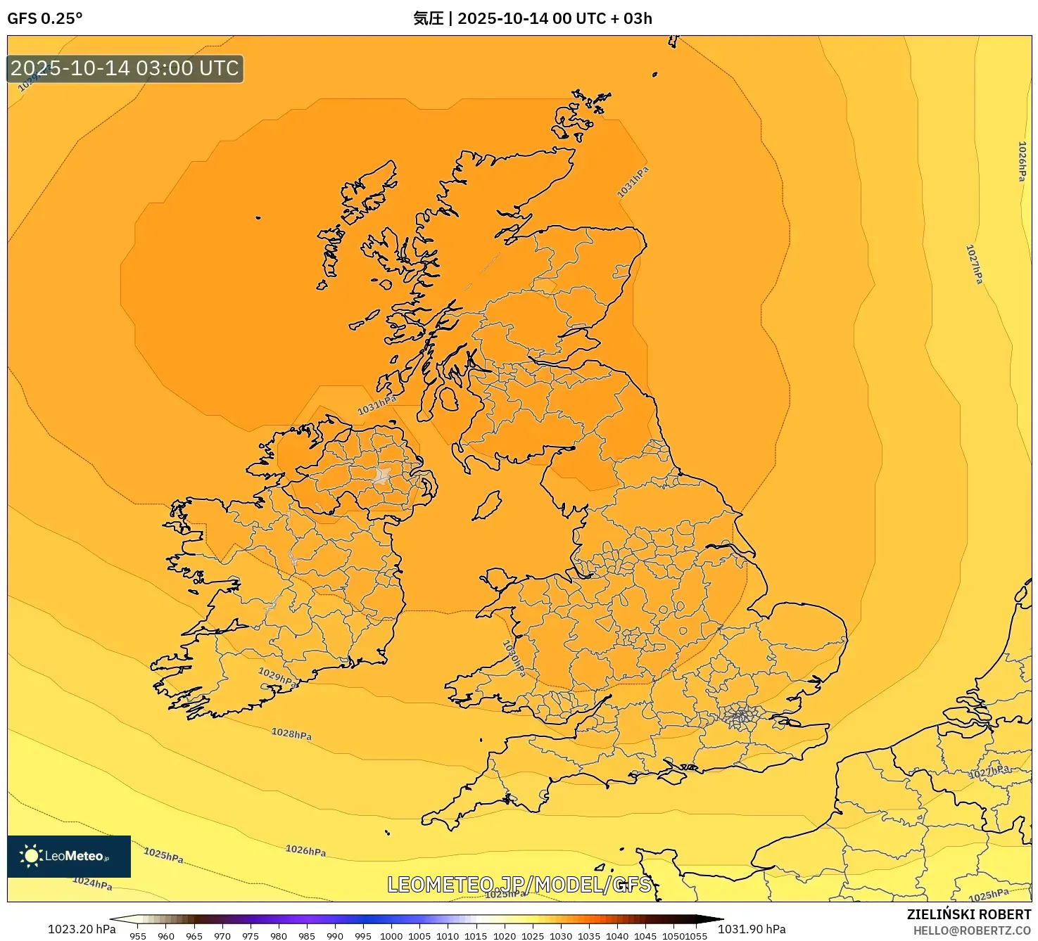 GFS model - イギリス, 気圧 GFS model - イギリス, 気圧