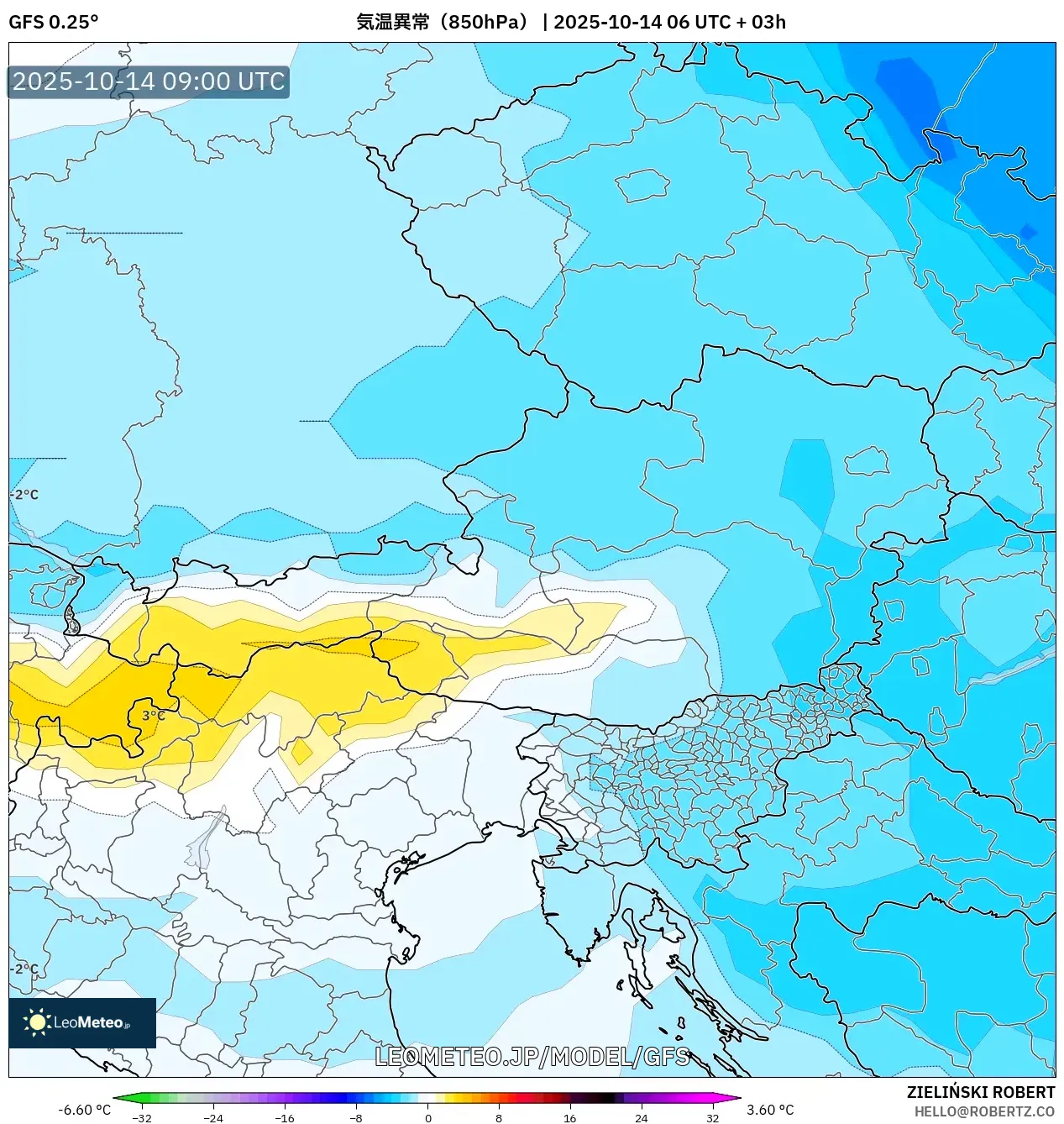 GFS model - オーストリア, 気温異常(850hPa) GFS model - オーストリア, 気温異常(850hPa)