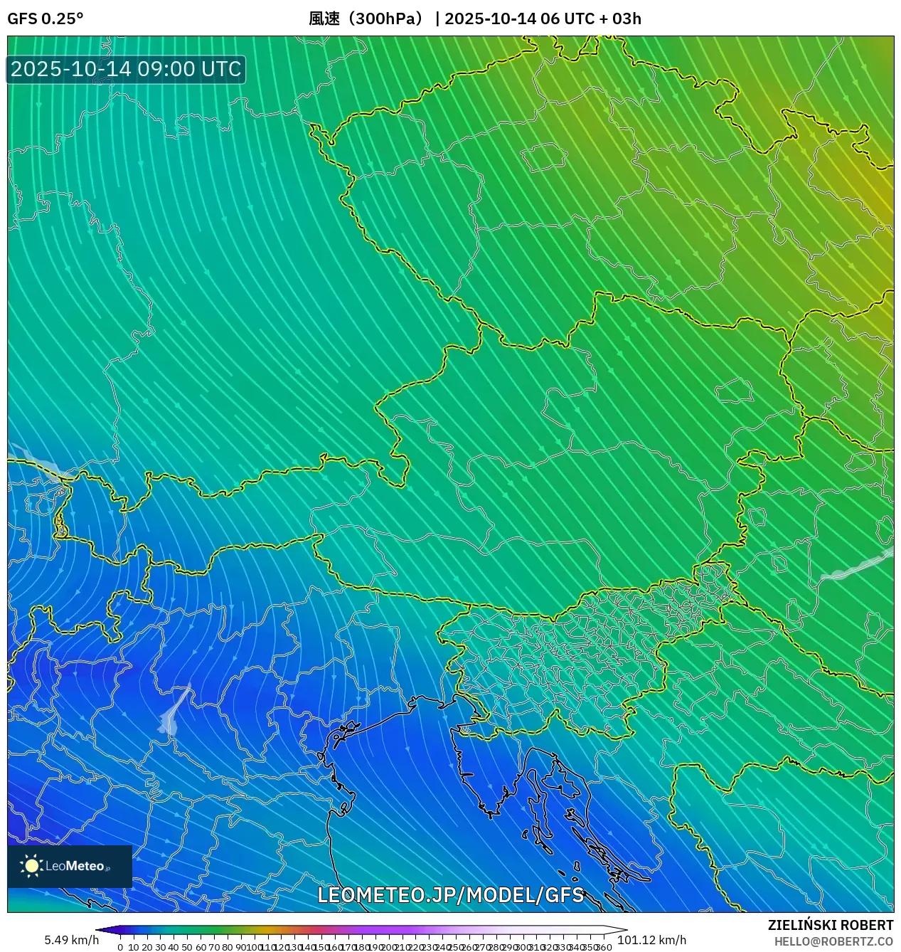 GFS model - オーストリア, 風速(300hPa) GFS model - オーストリア, 風速(300hPa)