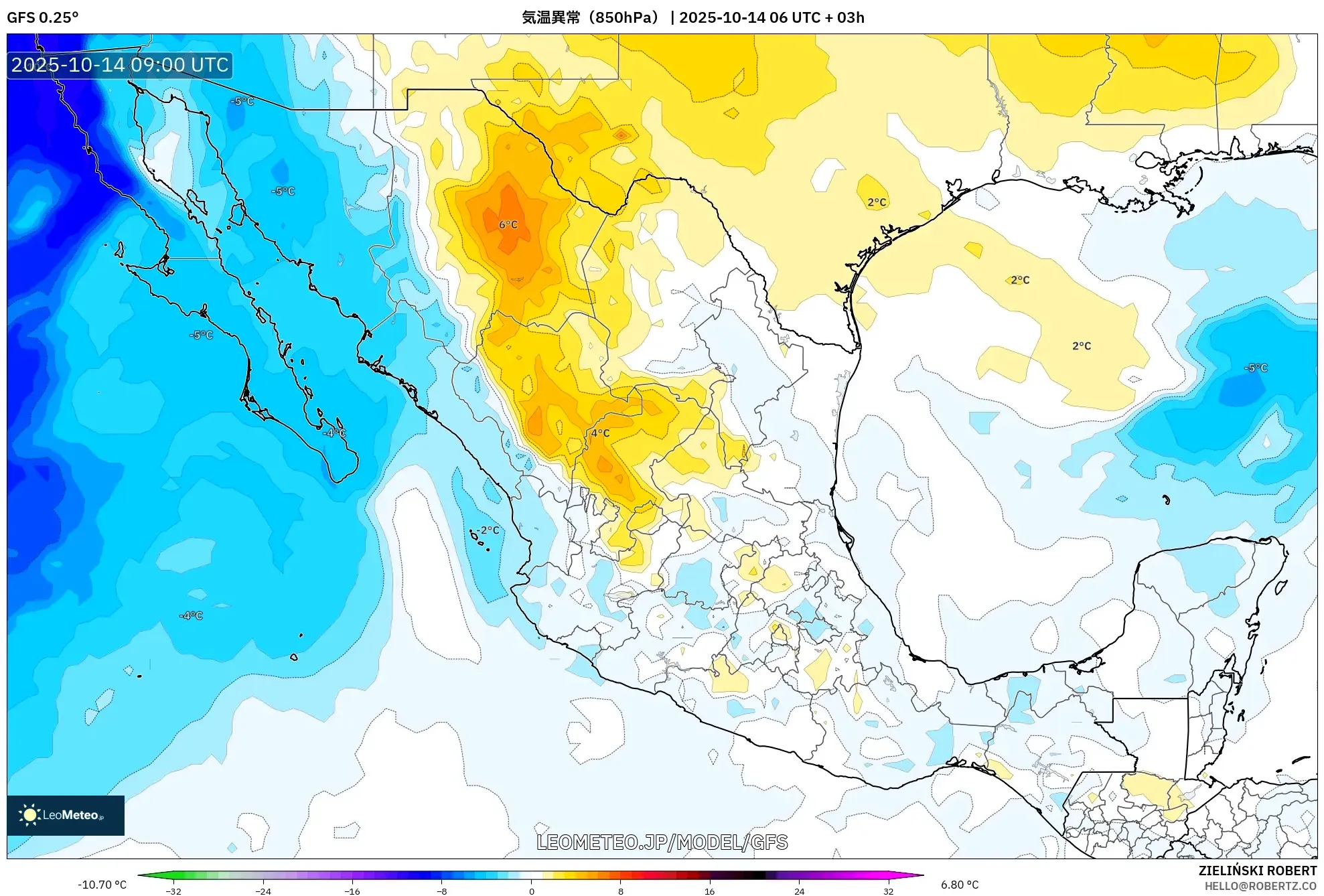 GFS model - メキシコ, 気温異常(850hPa) GFS model - メキシコ, 気温異常(850hPa)