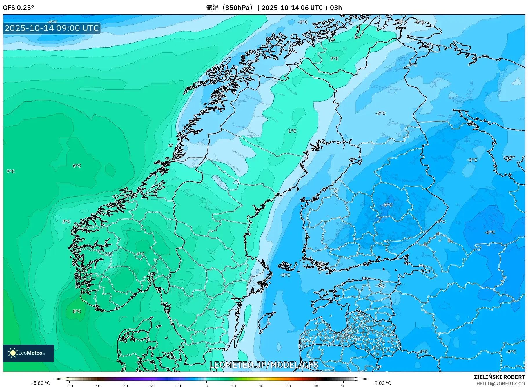 GFS model - スカンジナビア, 気温(850hPa) GFS model - スカンジナビア, 気温(850hPa)