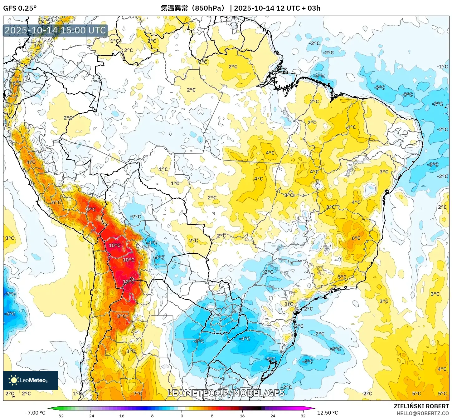 GFS model - ブラジル, 気温異常(850hPa) GFS model - ブラジル, 気温異常(850hPa)