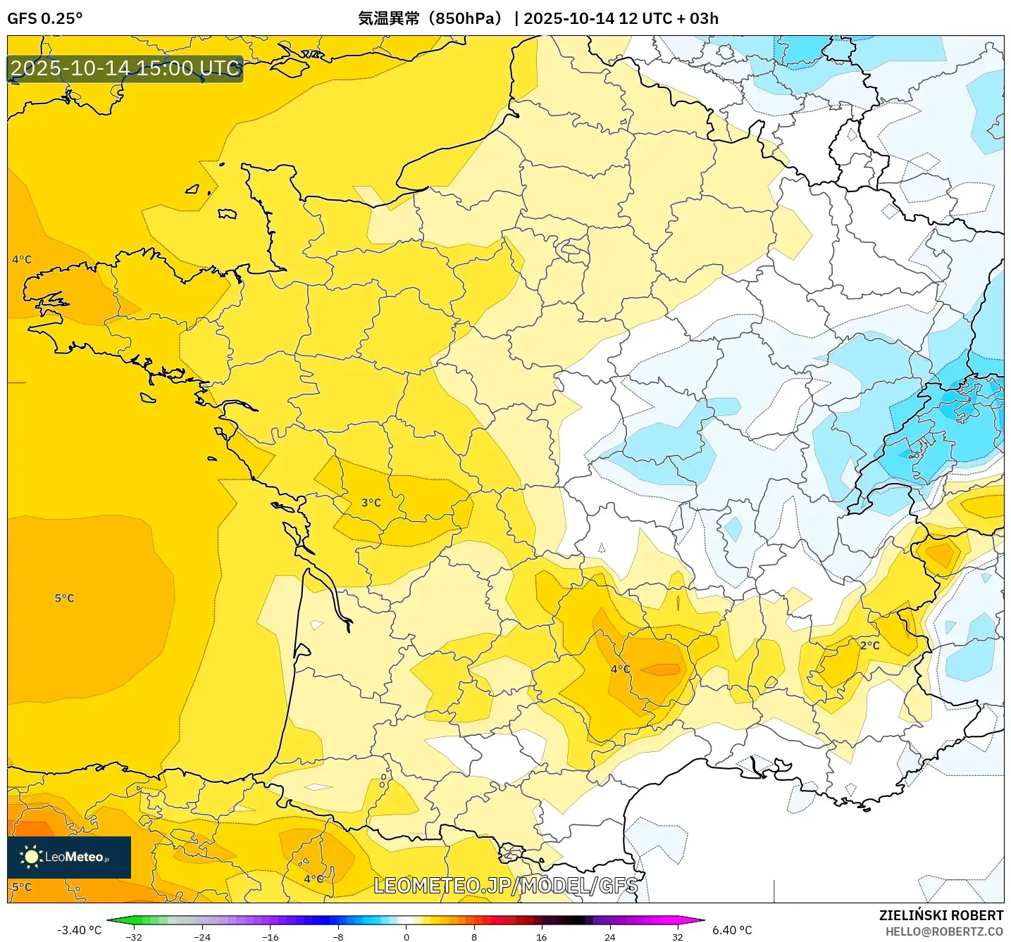 GFS model - フランス, 気温異常(850hPa) GFS model - フランス, 気温異常(850hPa)