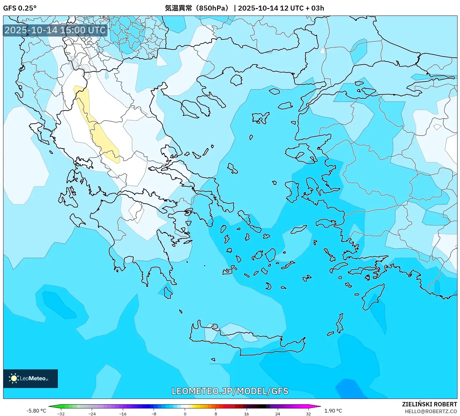 GFS model - ギリシャ, 気温異常(850hPa) GFS model - ギリシャ, 気温異常(850hPa)