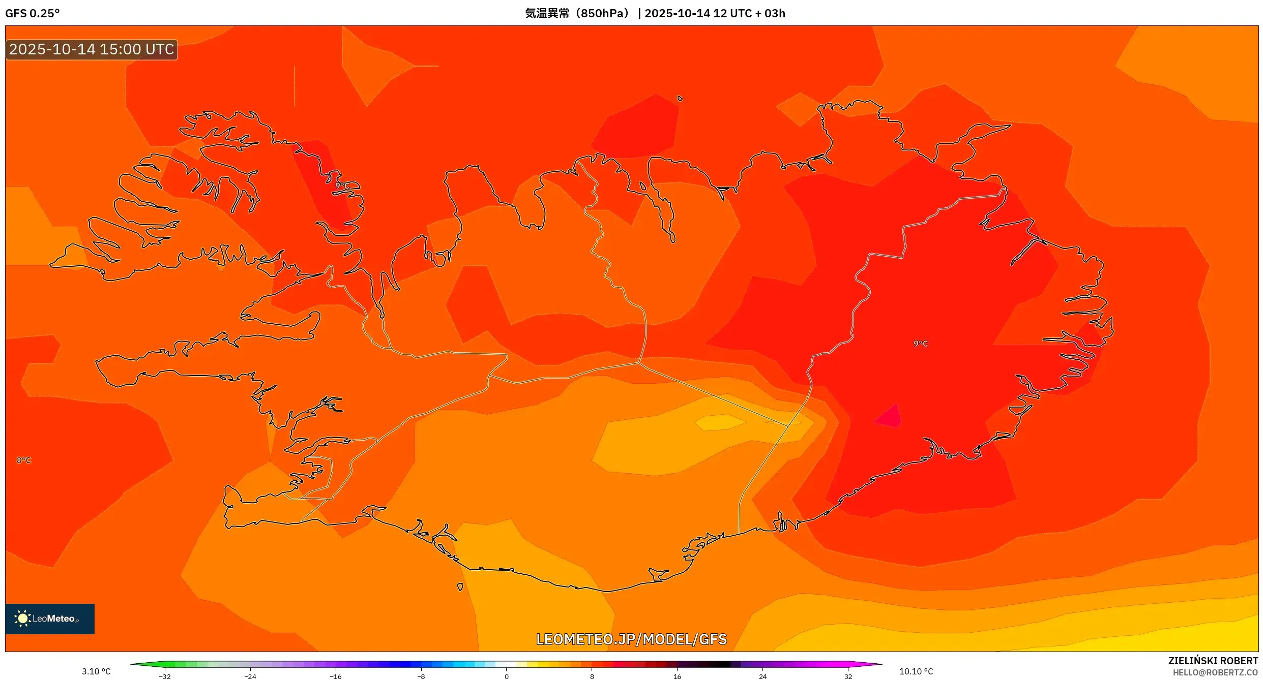 GFS model - アイスランド, 気温異常(850hPa) GFS model - アイスランド, 気温異常(850hPa)