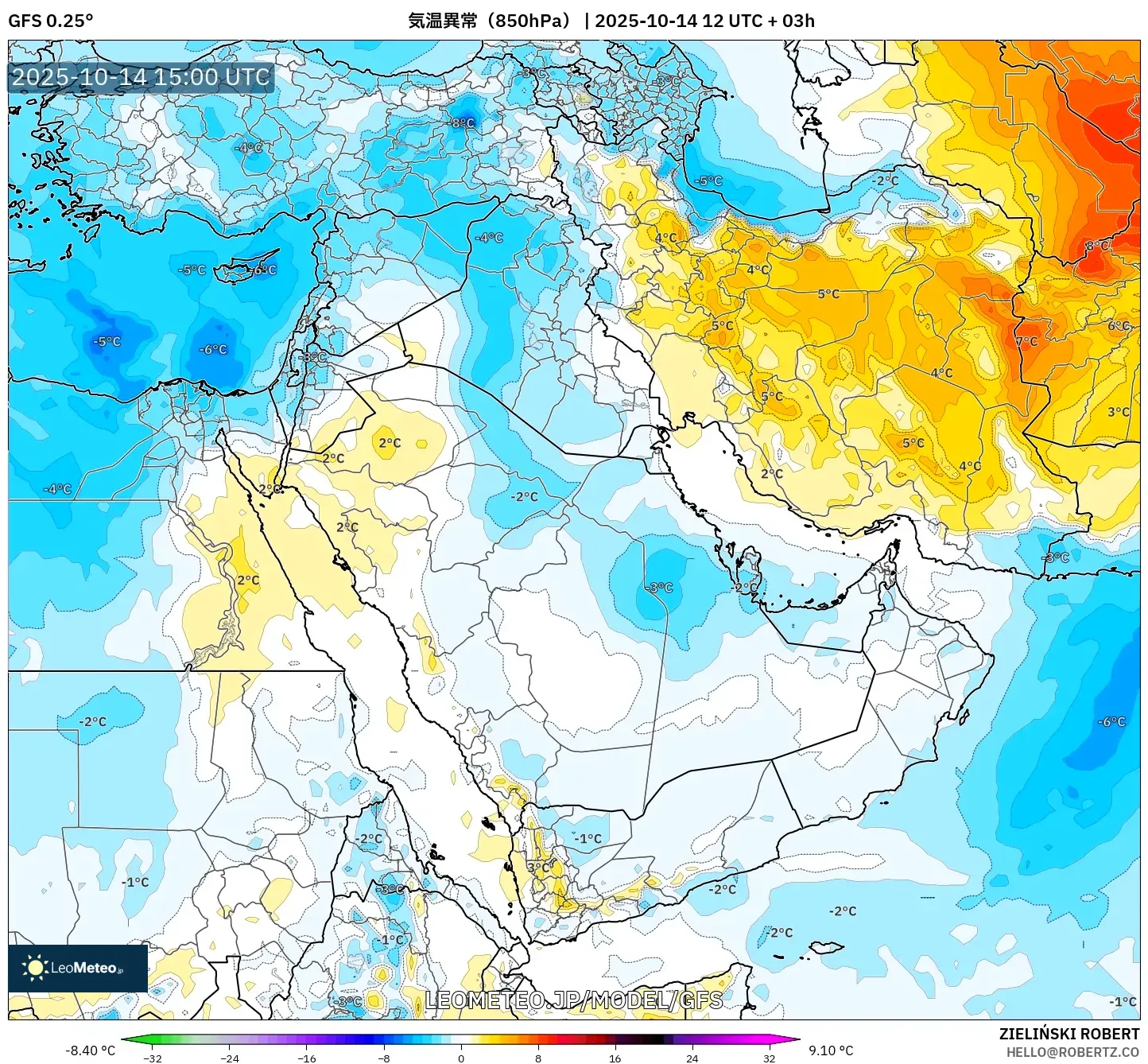GFS model - 中東, 気温異常(850hPa) GFS model - 中東, 気温異常(850hPa)