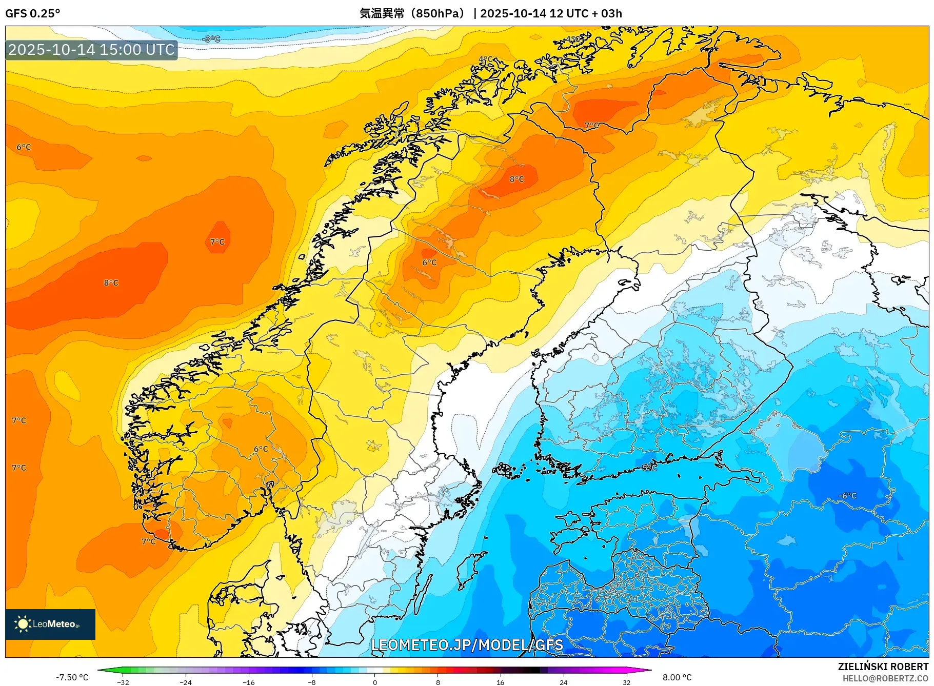 GFS model - スカンジナビア, 気温異常(850hPa) GFS model - スカンジナビア, 気温異常(850hPa)