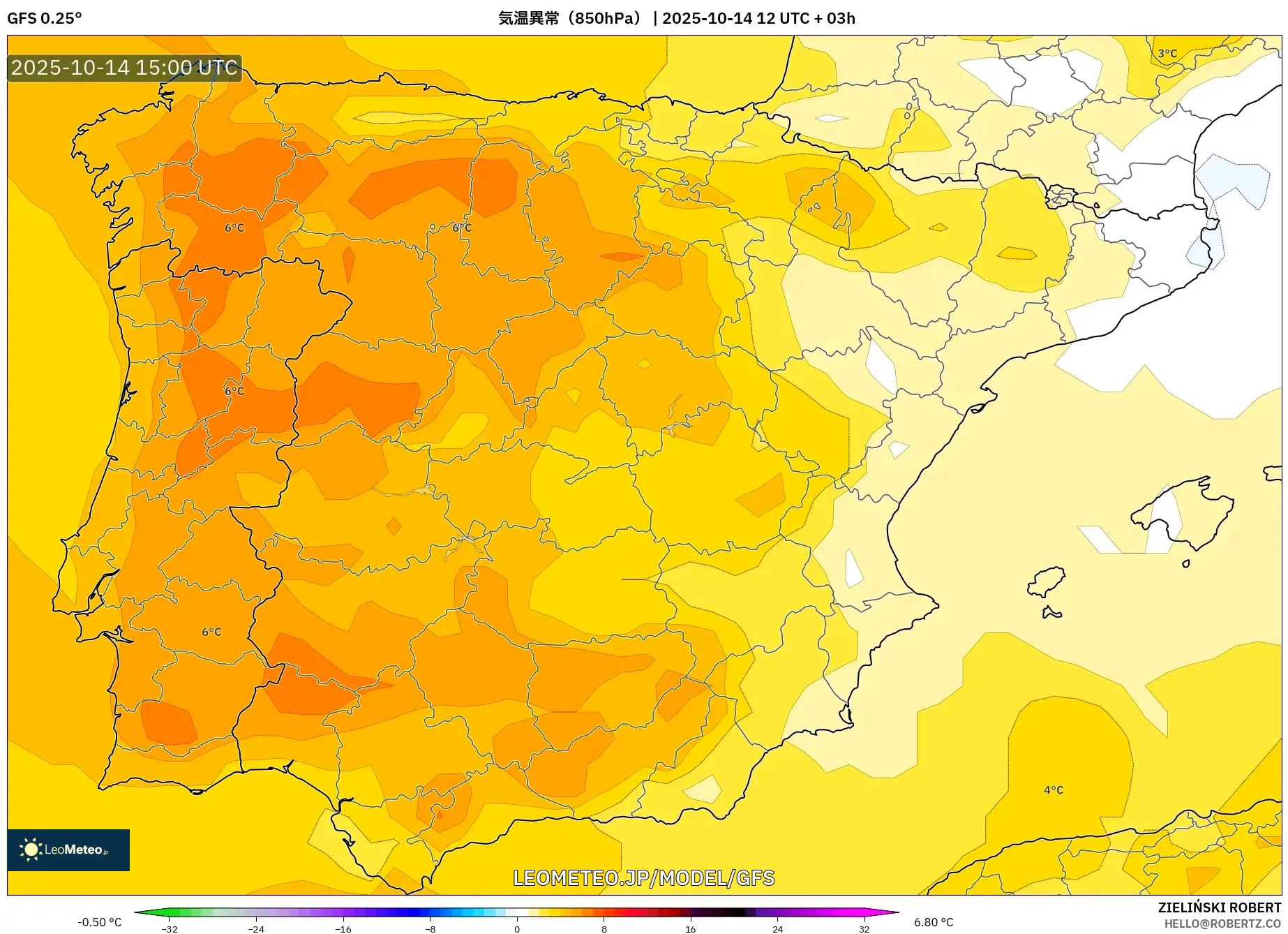 GFS model - スペイン, 気温異常(850hPa) GFS model - スペイン, 気温異常(850hPa)
