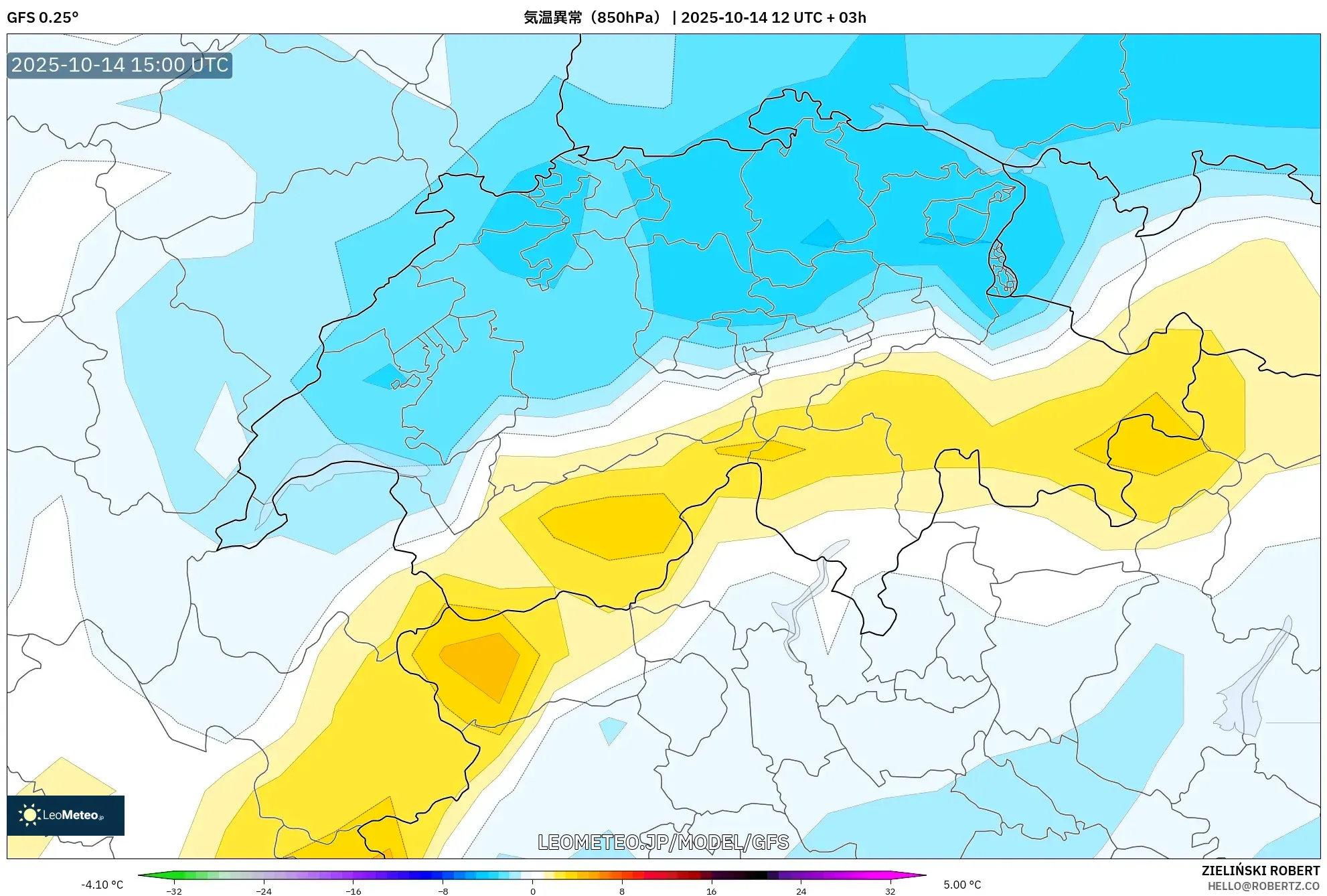 GFS model - スイス, 気温異常(850hPa) GFS model - スイス, 気温異常(850hPa)
