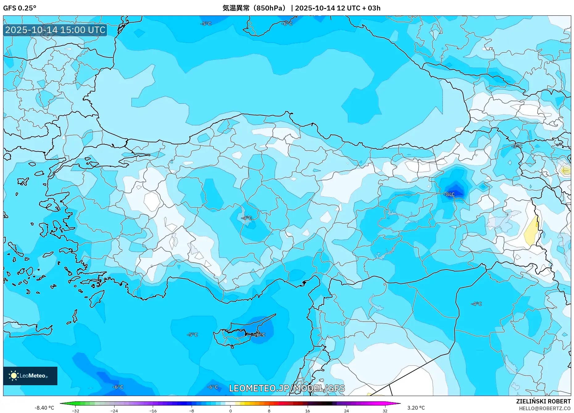 GFS model - トルコ, 気温異常(850hPa) GFS model - トルコ, 気温異常(850hPa)