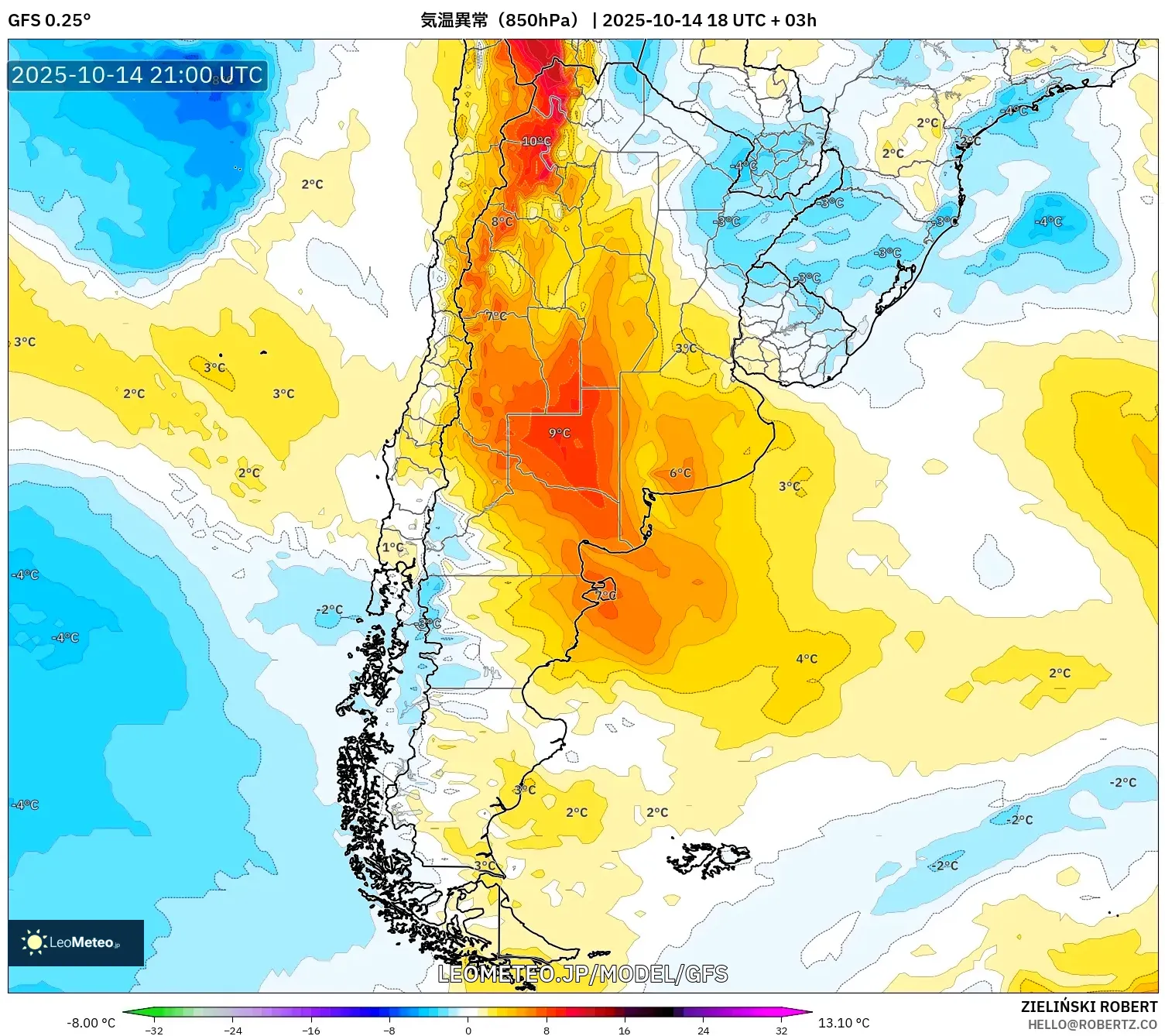 GFS model - アルゼンチン, 気温異常(850hPa) GFS model - アルゼンチン, 気温異常(850hPa)