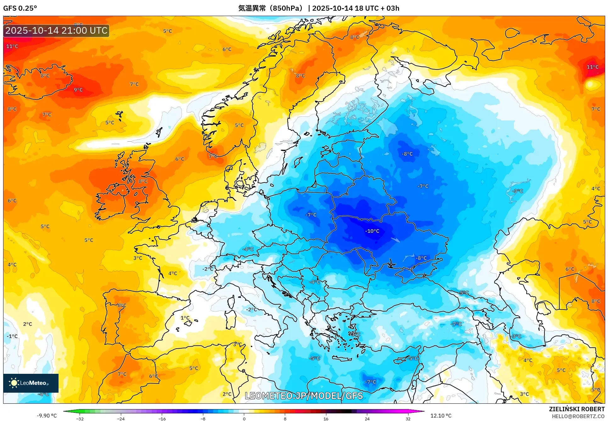 GFS model - ヨーロッパ, 気温異常(850hPa) GFS model - ヨーロッパ, 気温異常(850hPa)