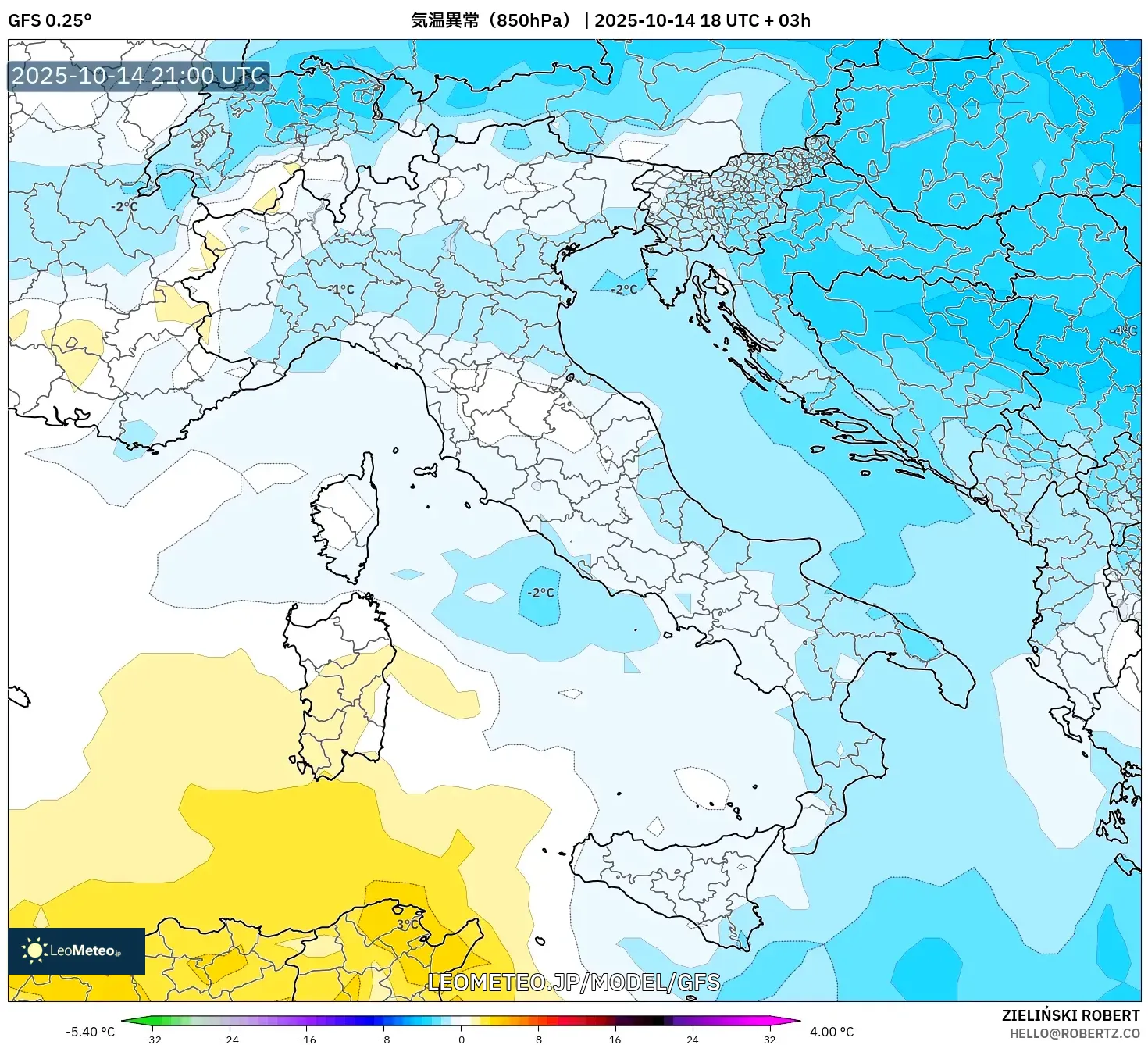 GFS model - イタリア, 気温異常(850hPa) GFS model - イタリア, 気温異常(850hPa)