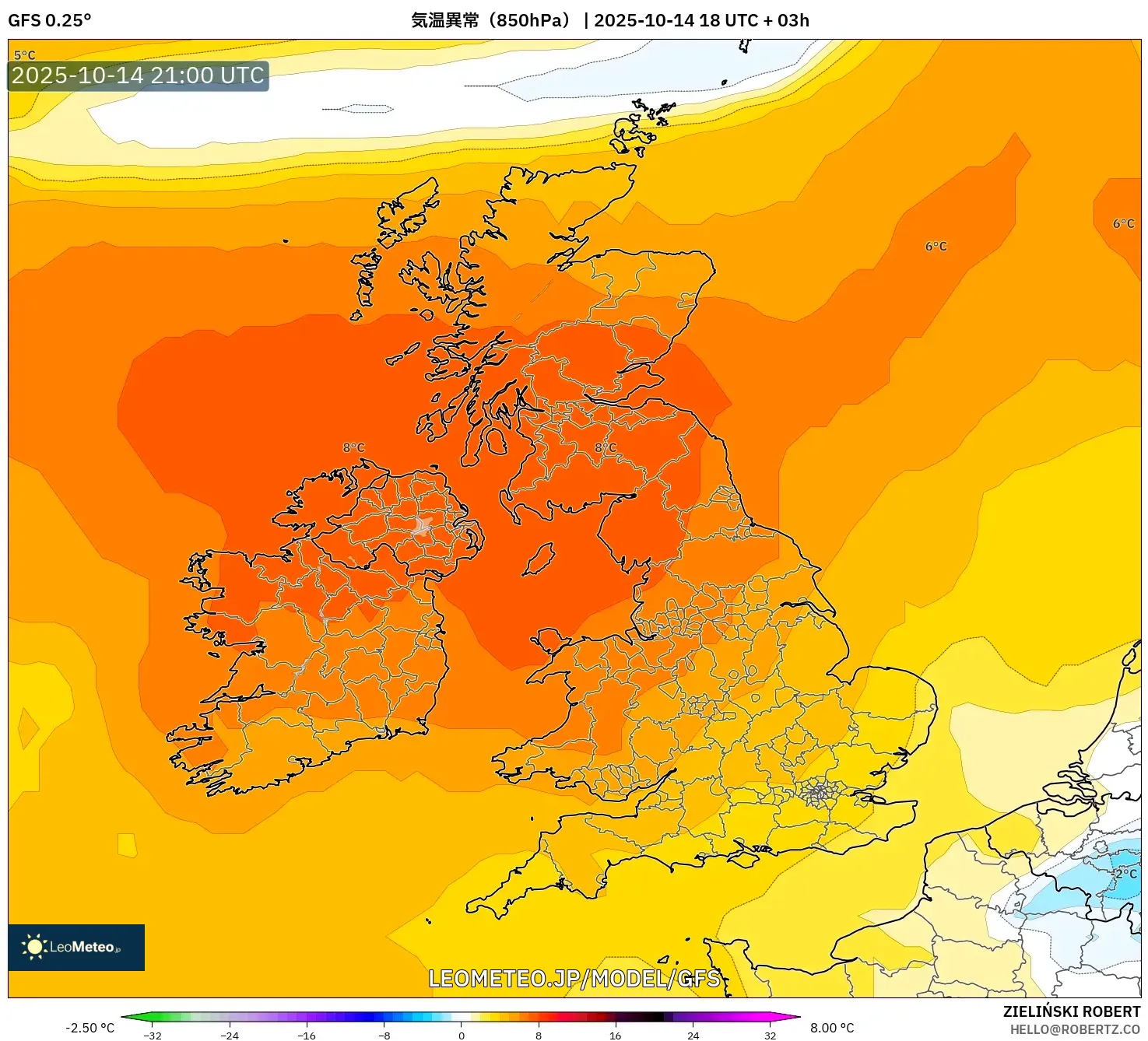 GFS model - イギリス, 気温異常(850hPa) GFS model - イギリス, 気温異常(850hPa)