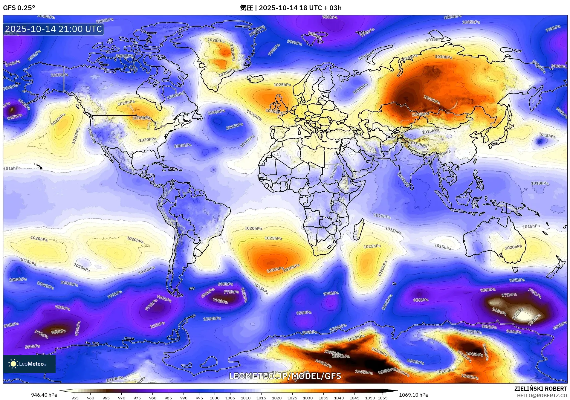 GFS model - 世界, 気圧 GFS model - 世界, 気圧