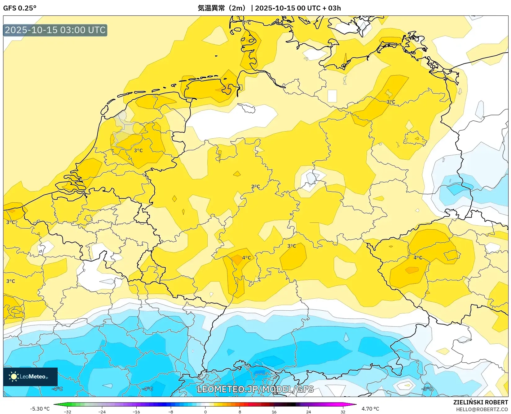 GFS model - ドイツ, 気温異常(2m) GFS model - ドイツ, 気温異常(2m)