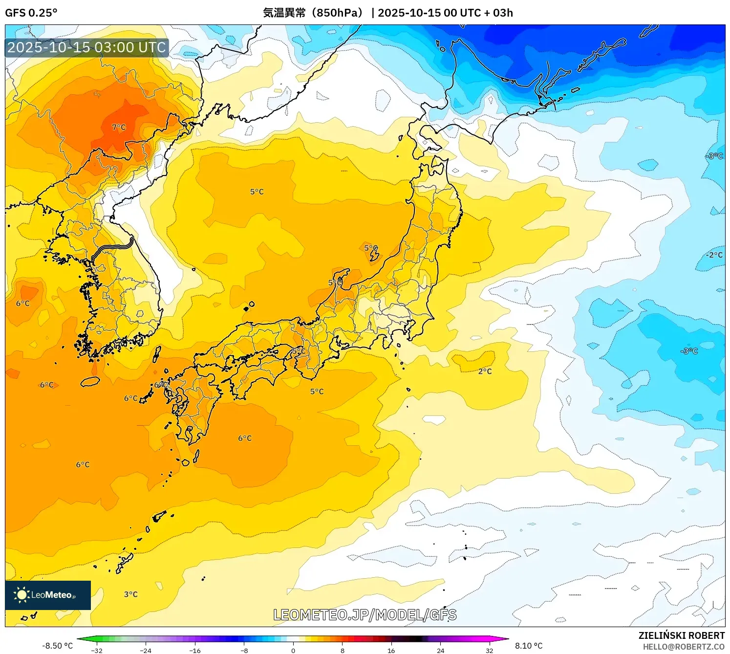 GFS model - 日本, 気温異常（850hPa）