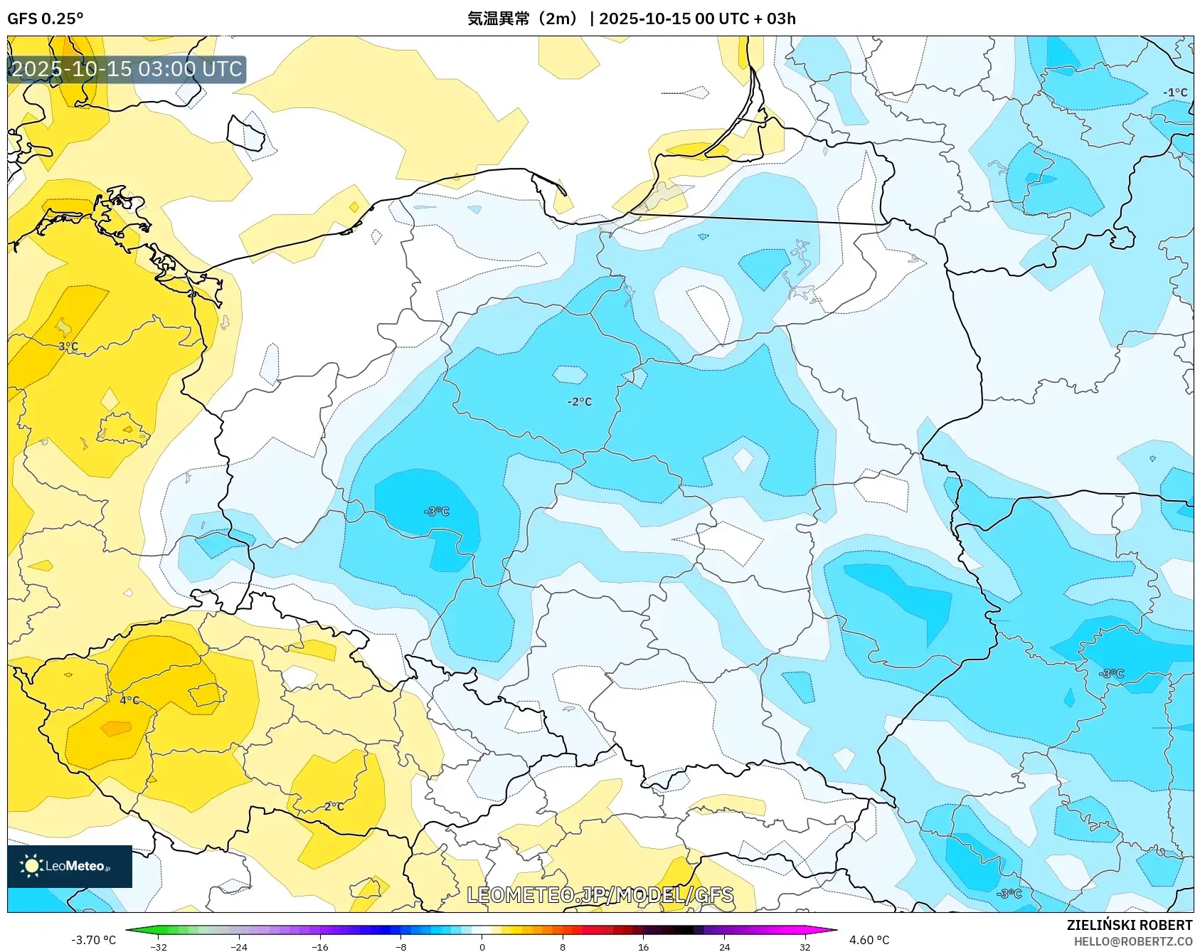 GFS model - ポーランド, 気温異常(2m) GFS model - ポーランド, 気温異常(2m)