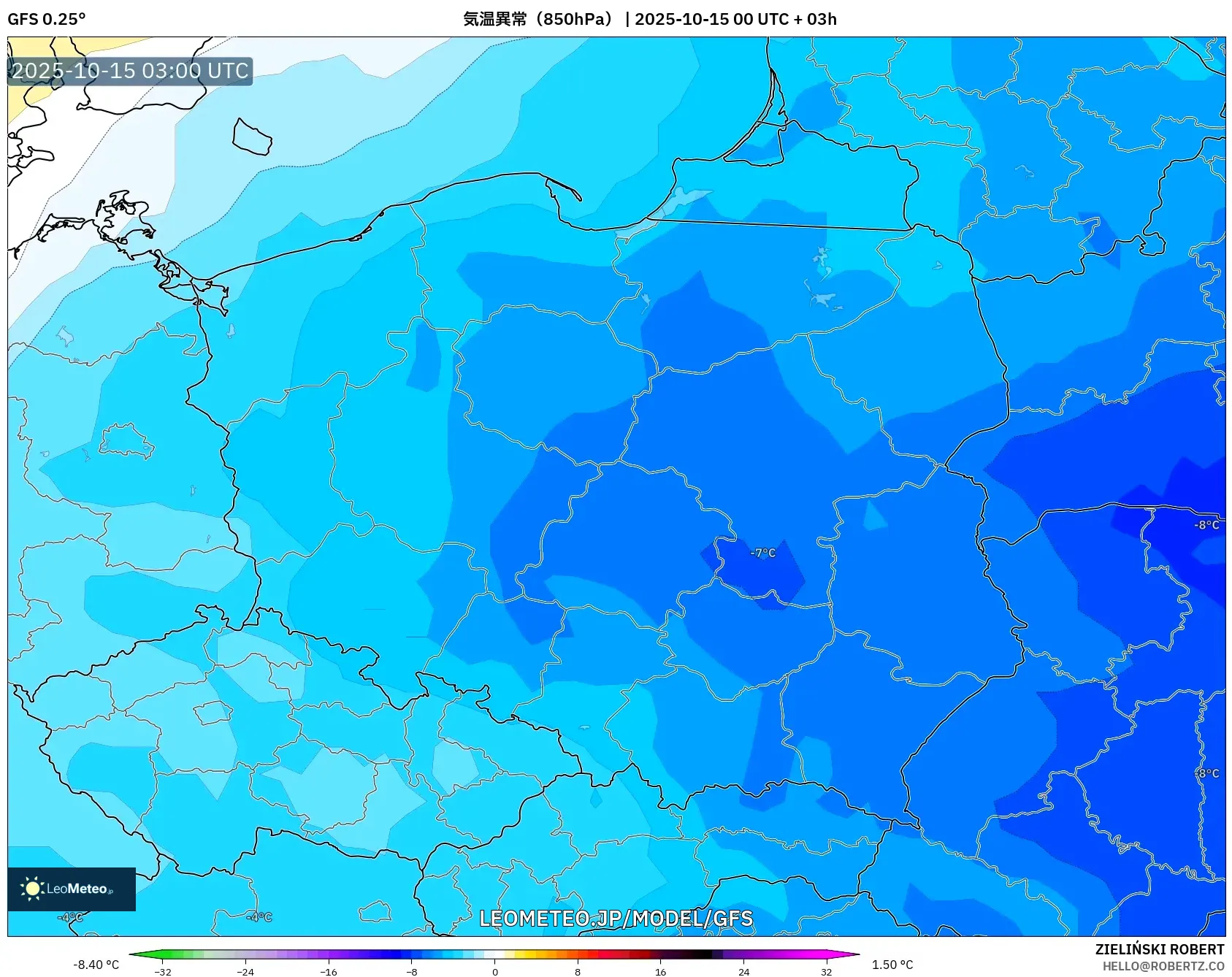 GFS model - ポーランド, 気温異常（850hPa）