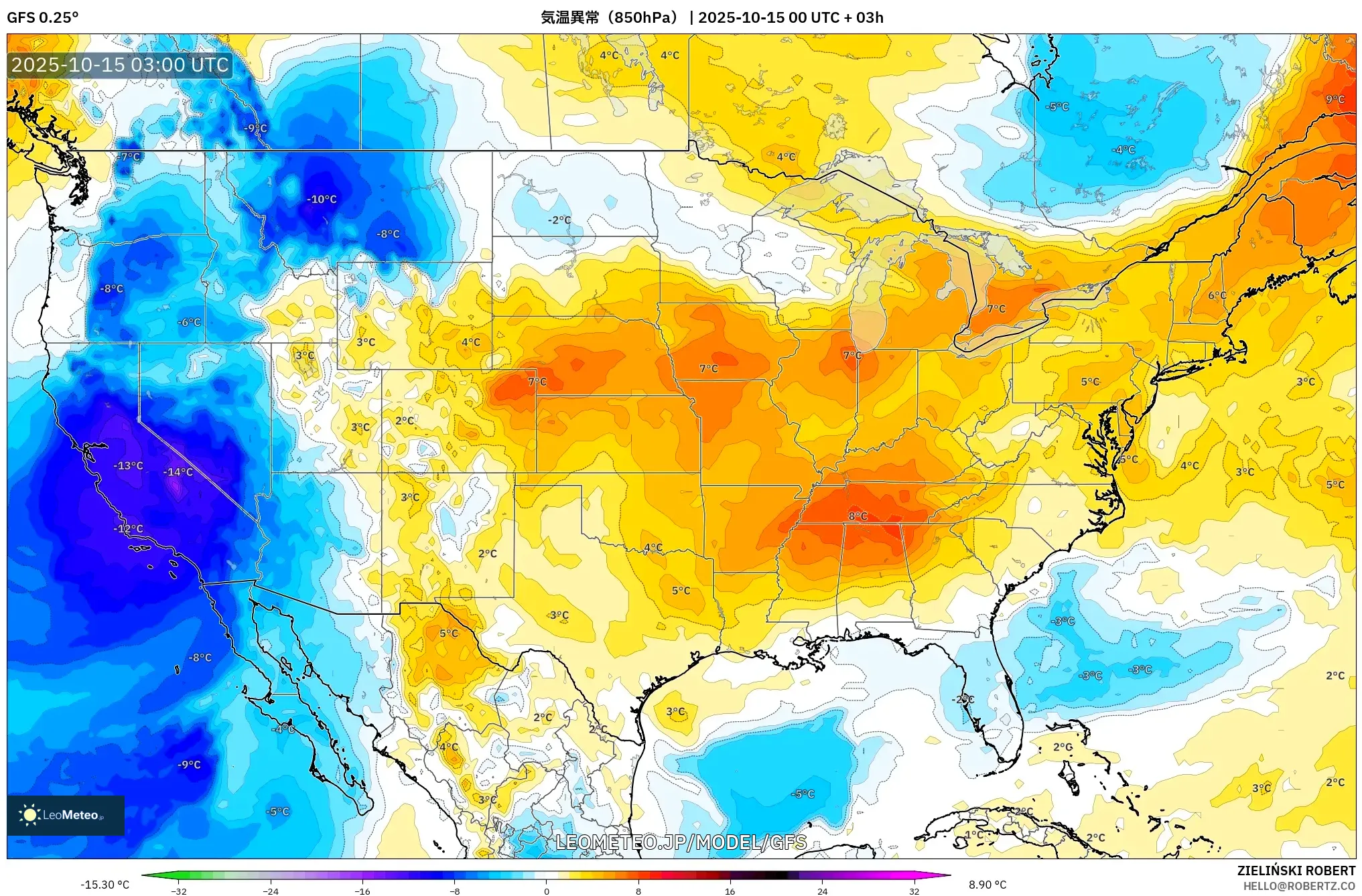 GFS model - アメリカ合衆国, 気温異常(850hPa) GFS model - アメリカ合衆国, 気温異常(850hPa)