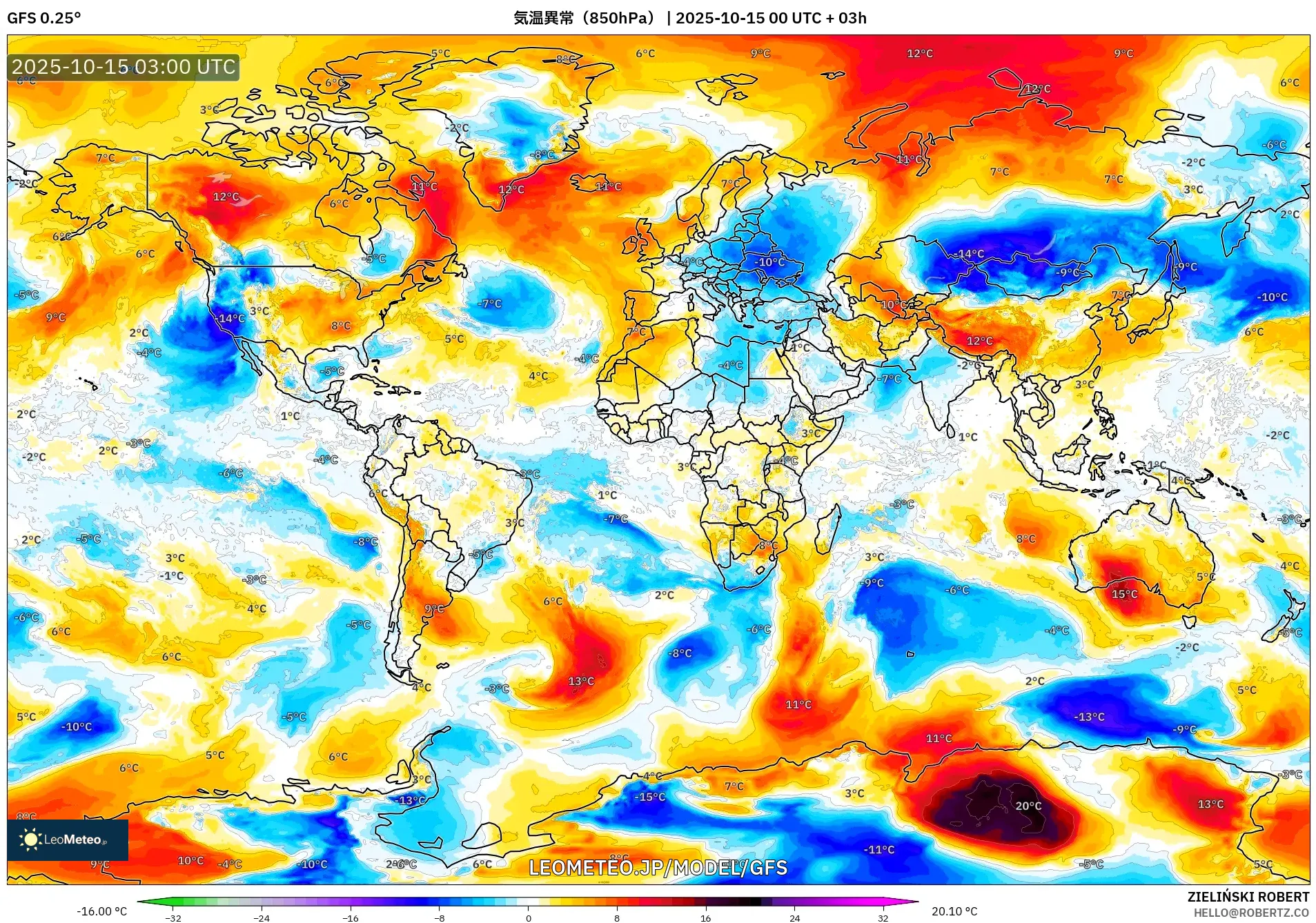 GFS model - 世界, 気温異常（850hPa）