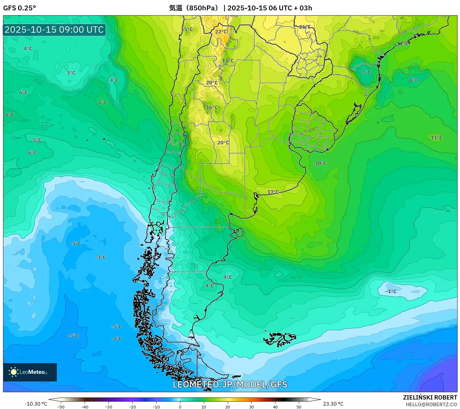 GFS model - アルゼンチン, 気温(850hPa) GFS model - アルゼンチン, 気温(850hPa)