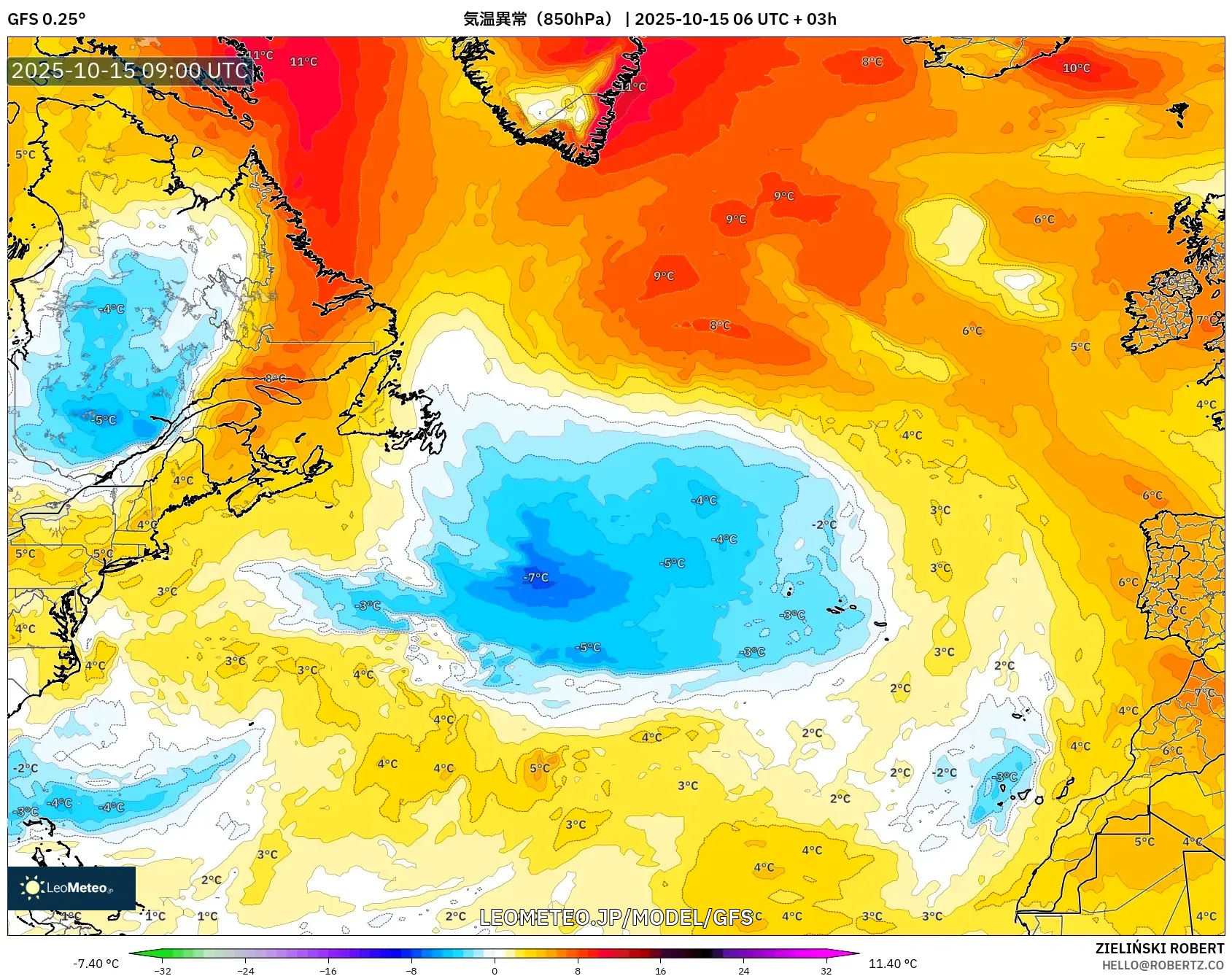 GFS model - 北大西洋, 気温異常(850hPa) GFS model - 北大西洋, 気温異常(850hPa)