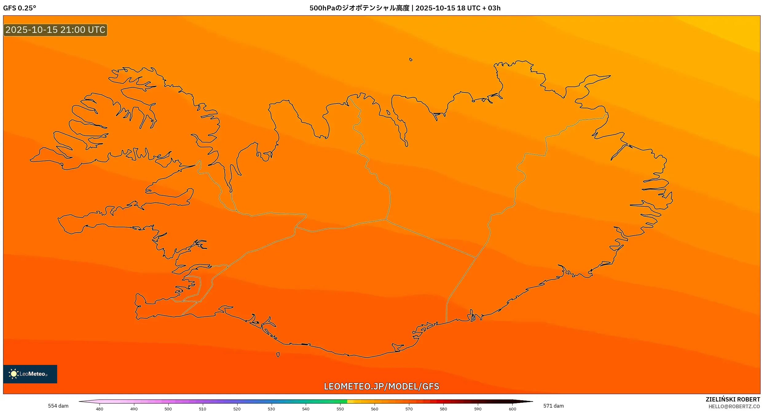 GFS model - アイスランド, 500hPaのジオポテンシャル高度 GFS model - アイスランド, 500hPaのジオポテンシャル高度
