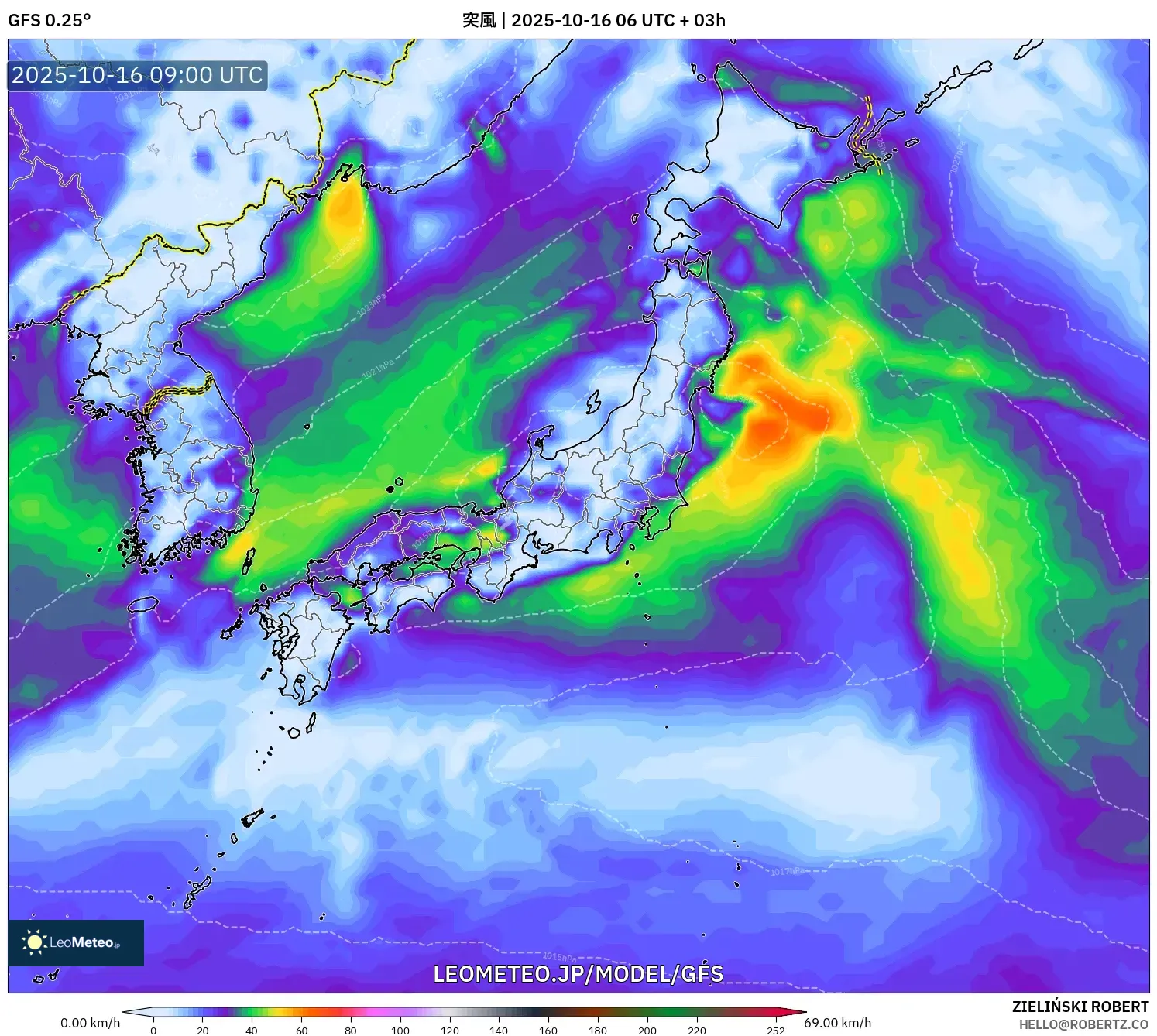 GFS model - 日本, 突風 GFS model - 日本, 突風
