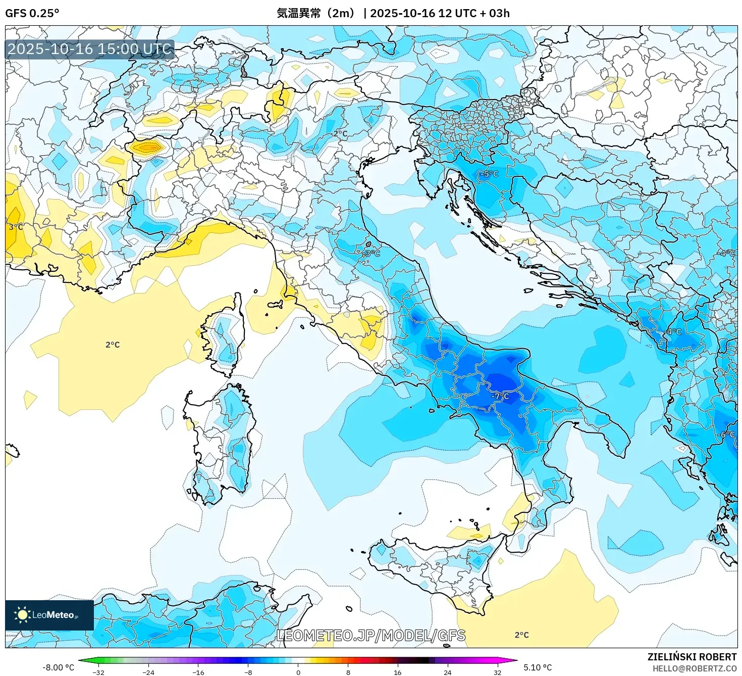 GFS model - イタリア, 気温異常(2m) GFS model - イタリア, 気温異常(2m)