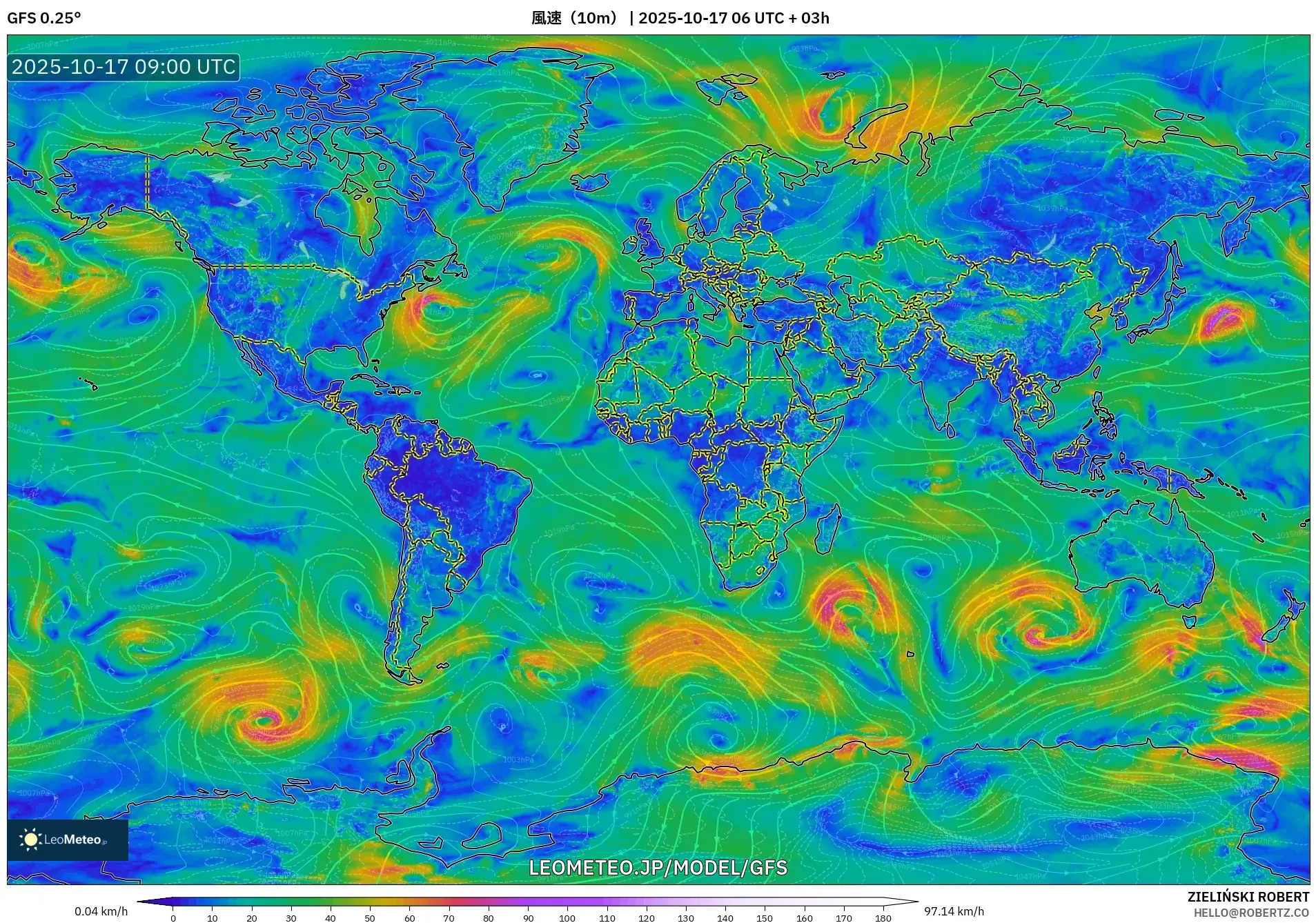 GFS model - 世界, 風速（10m）