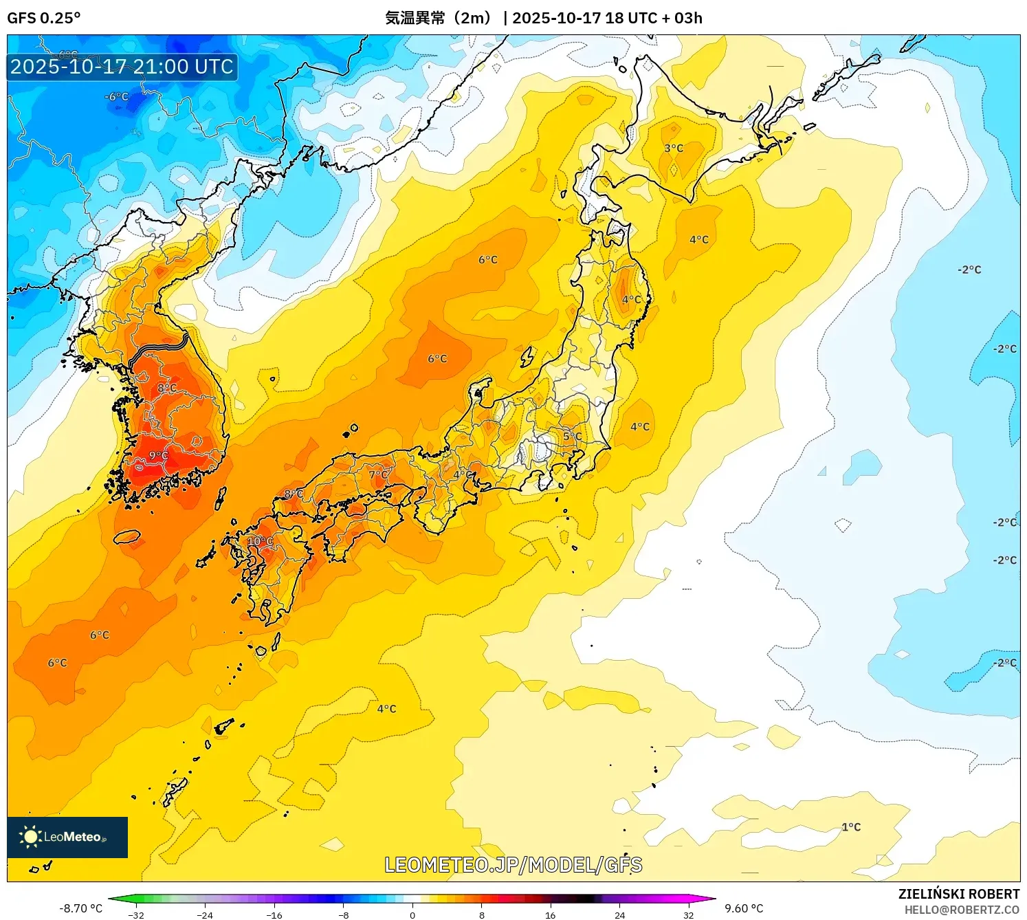 GFS model - 日本, 気温異常(2m) GFS model - 日本, 気温異常(2m)