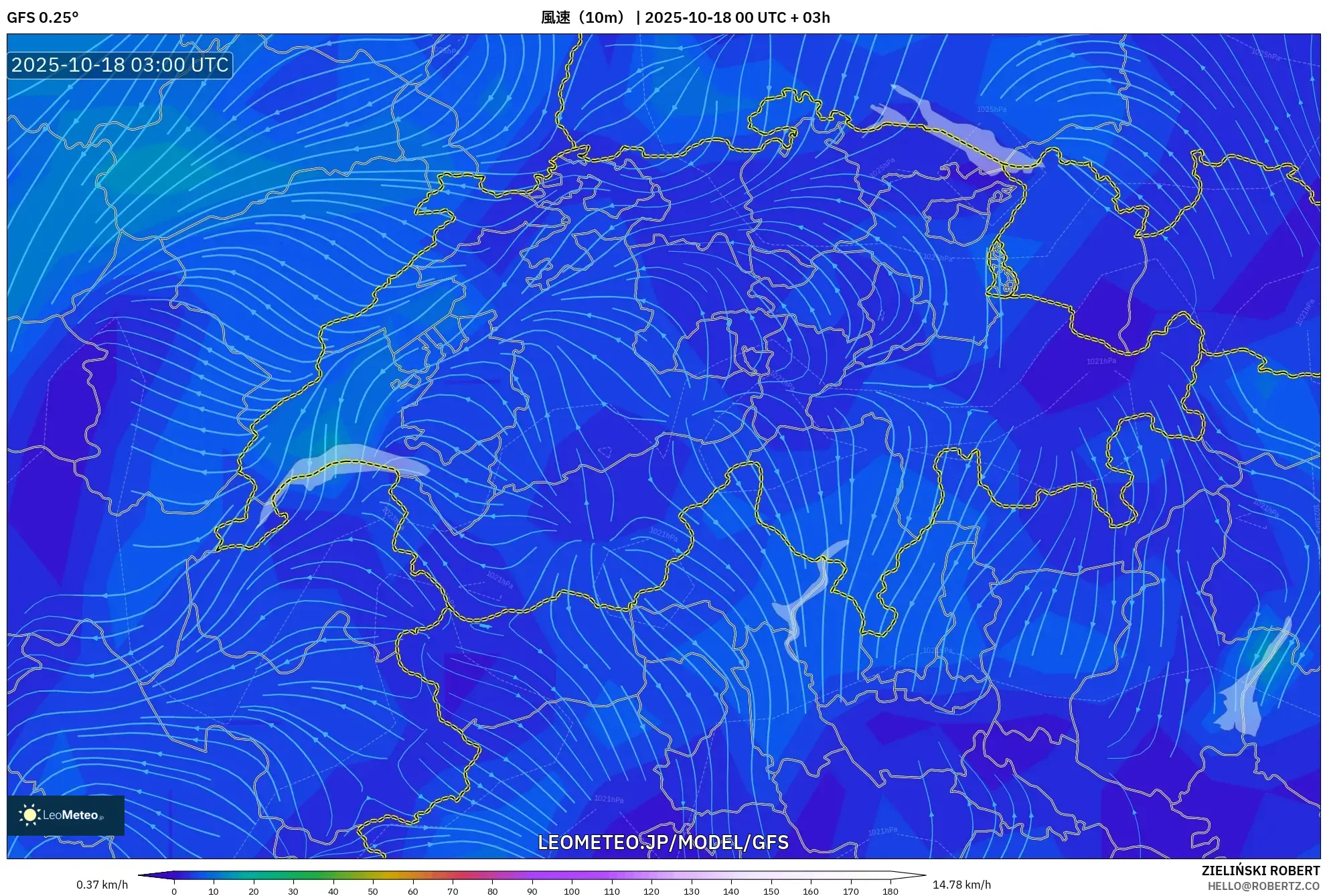 GFS model - スイス, 風速（10m）
