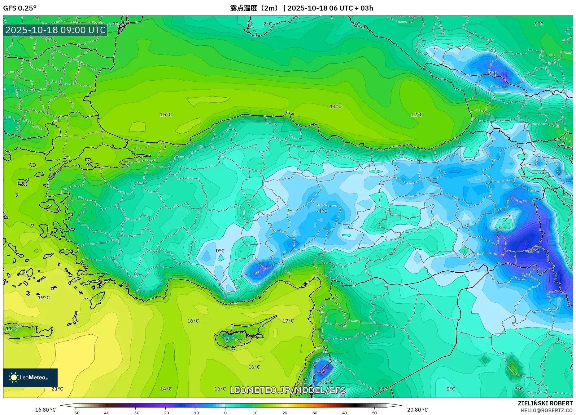 GFS model - トルコ, 露点温度(2m) GFS model - トルコ, 露点温度(2m)