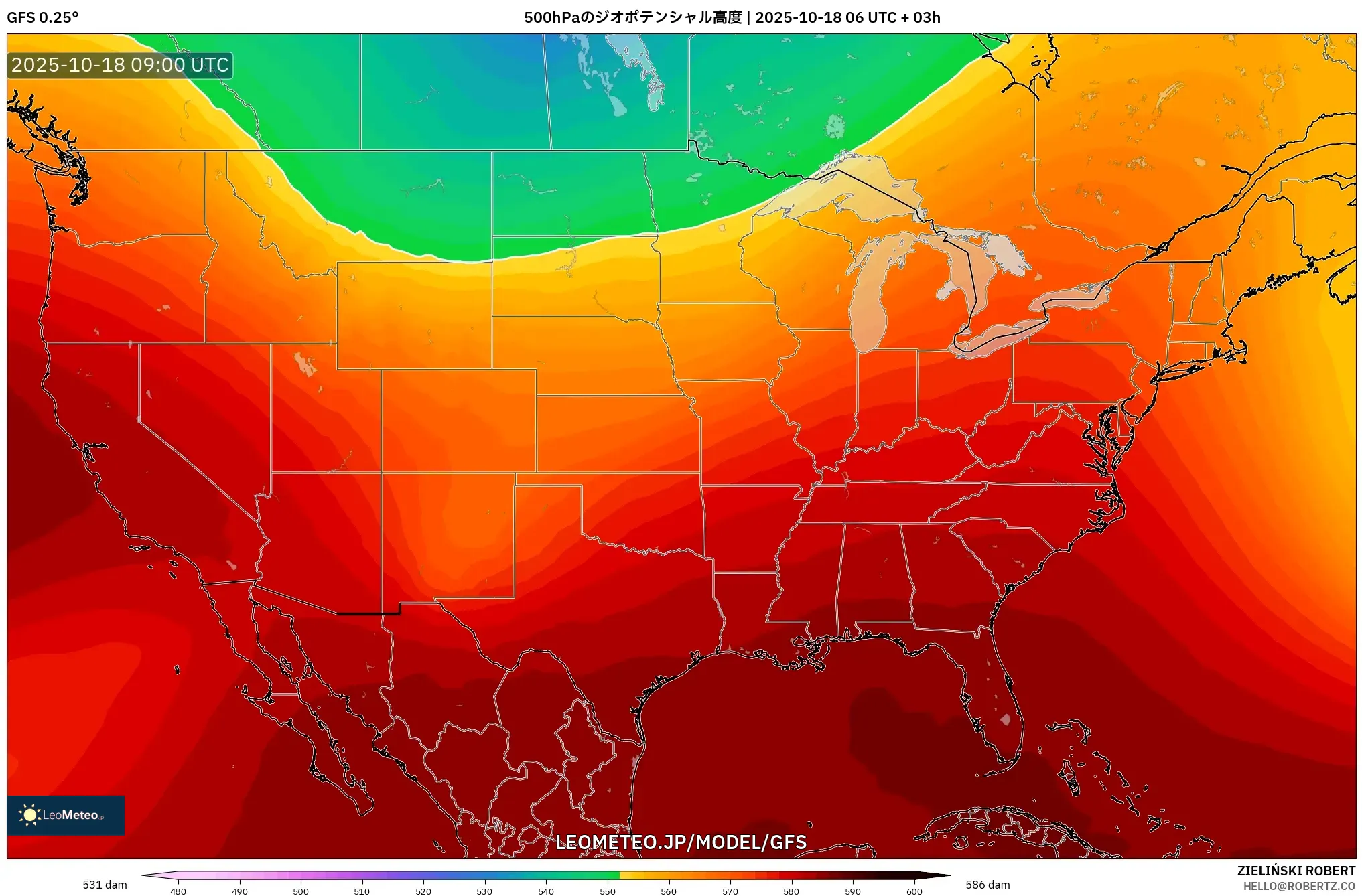GFS model - アメリカ合衆国, 500hPaのジオポテンシャル高度 GFS model - アメリカ合衆国, 500hPaのジオポテンシャル高度