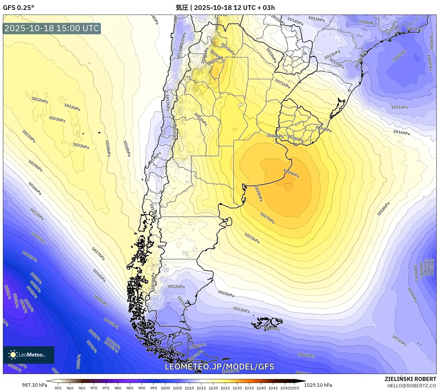 GFS model - アルゼンチン, 気圧 GFS model - アルゼンチン, 気圧