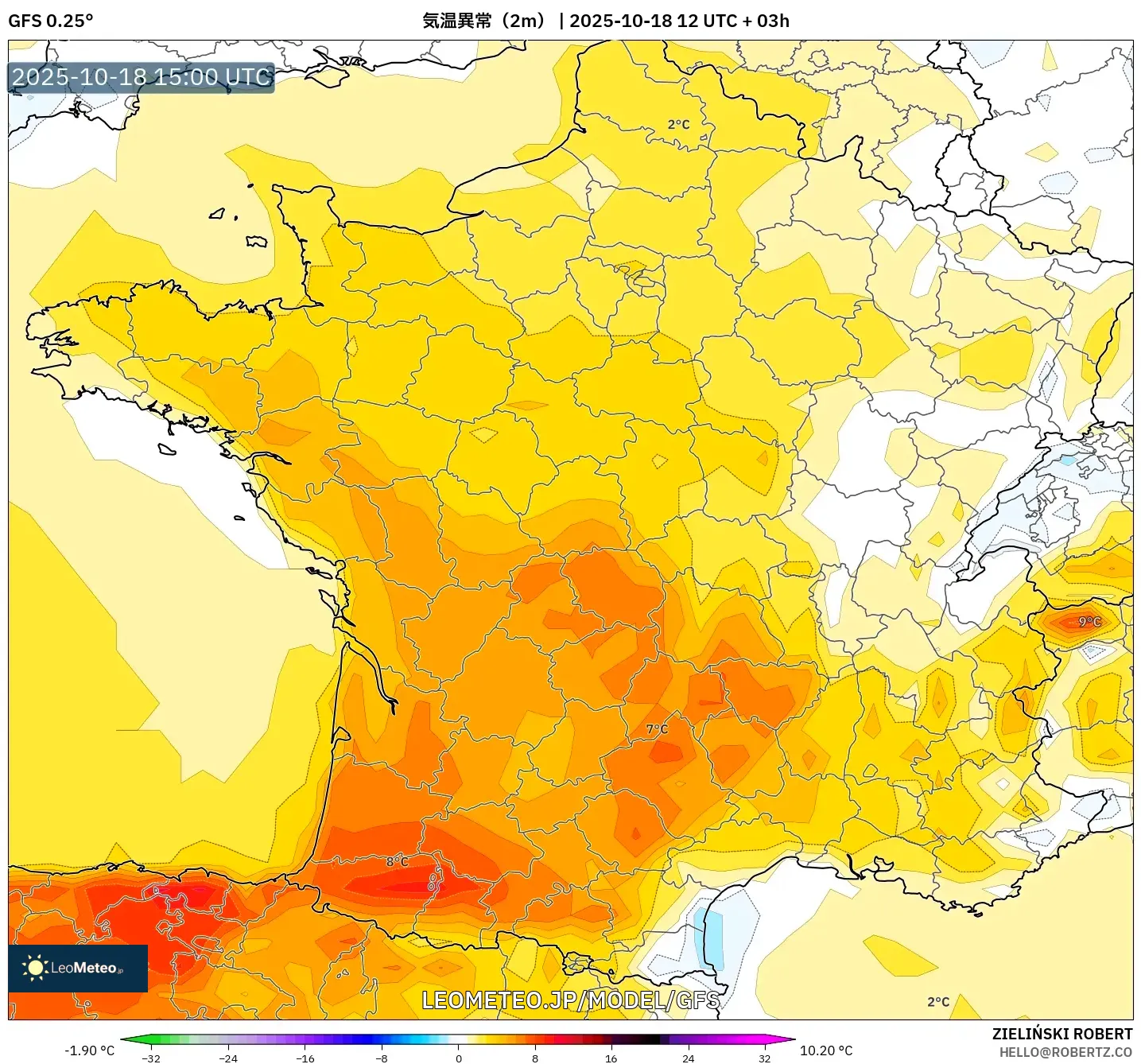 GFS model - フランス, 気温異常(2m) GFS model - フランス, 気温異常(2m)