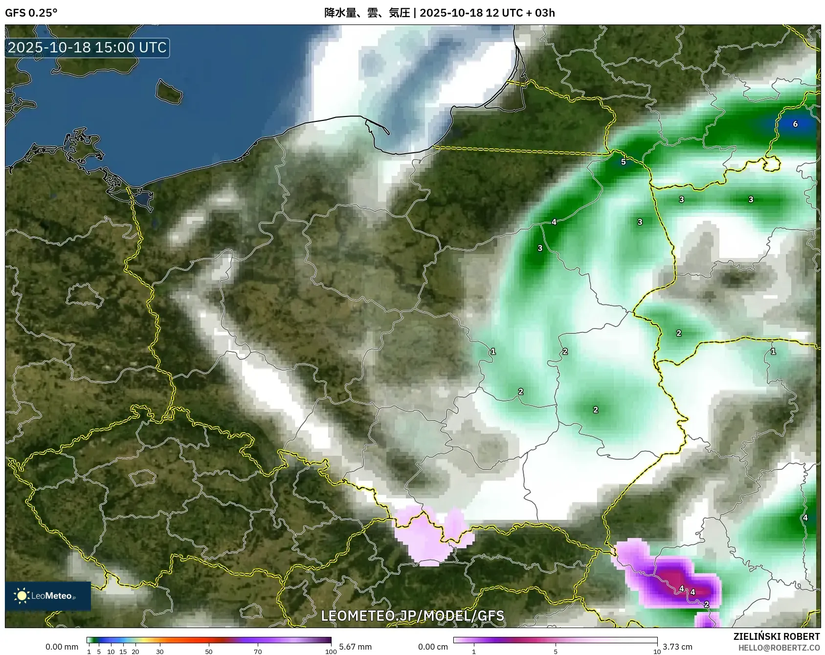 GFS model - ポーランド, 降水量、雲、気圧 GFS model - ポーランド, 降水量、雲、気圧