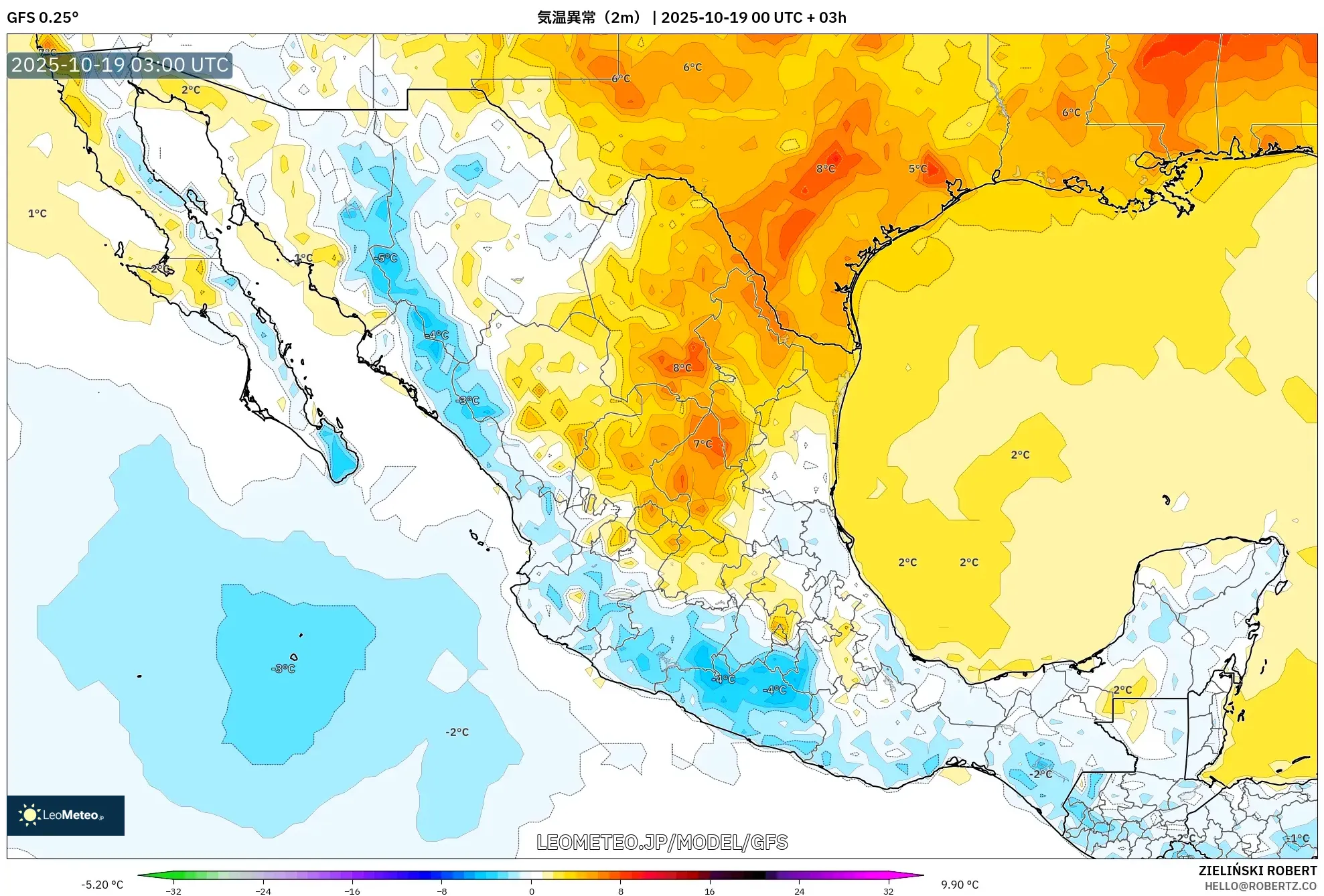 GFS model - メキシコ, 気温異常(2m) GFS model - メキシコ, 気温異常(2m)