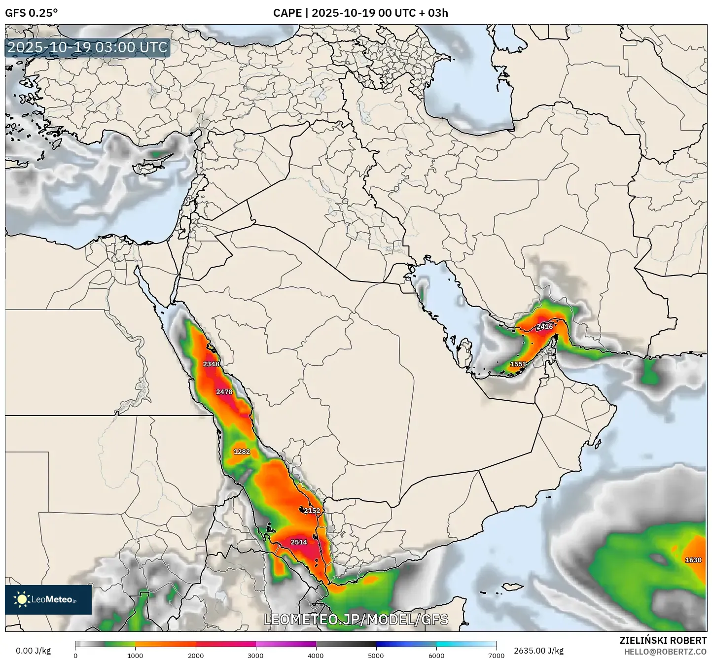 GFS model - 中東, CAPE GFS model - 中東, CAPE