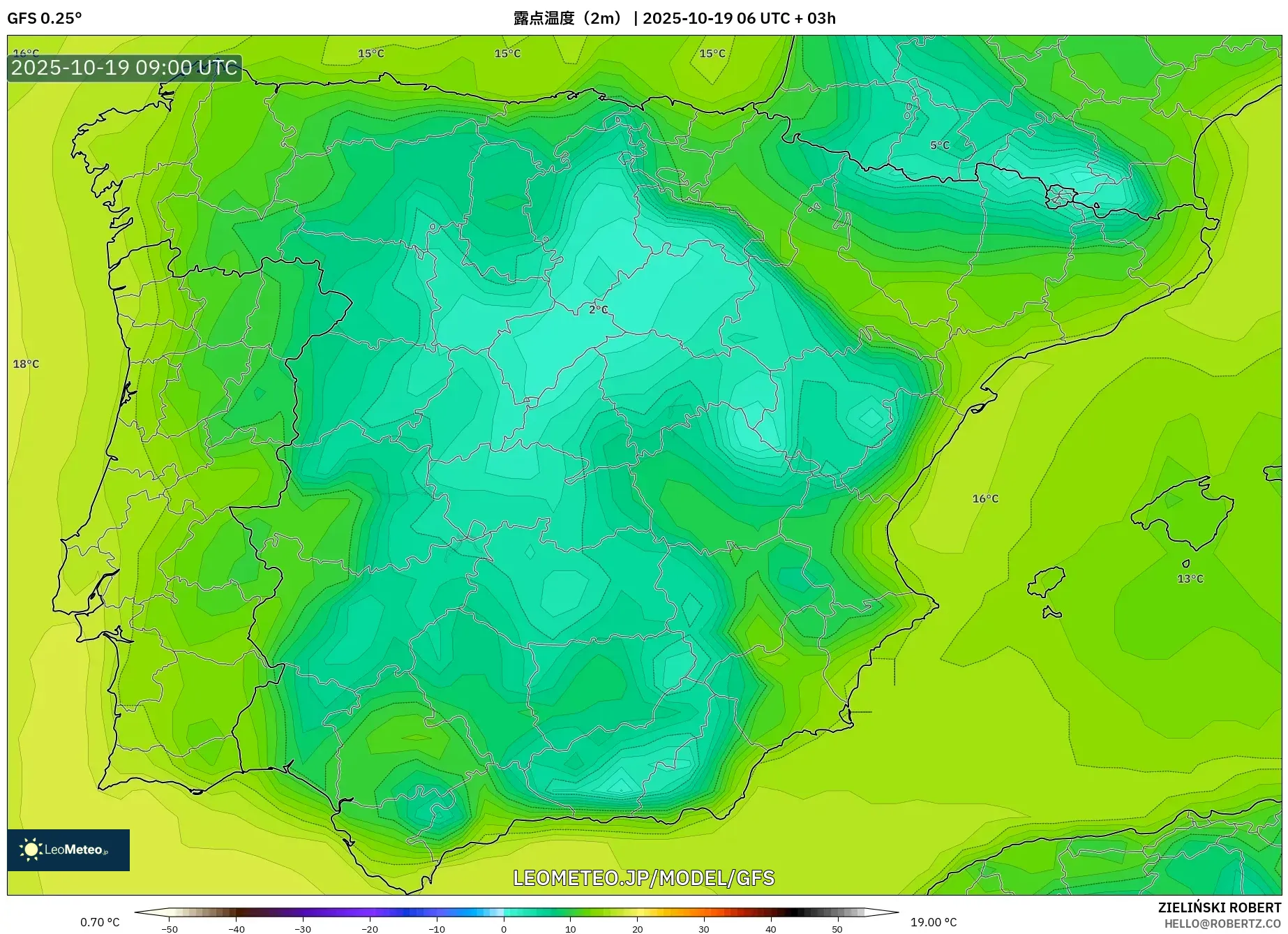 GFS model - スペイン, 露点温度(2m) GFS model - スペイン, 露点温度(2m)
