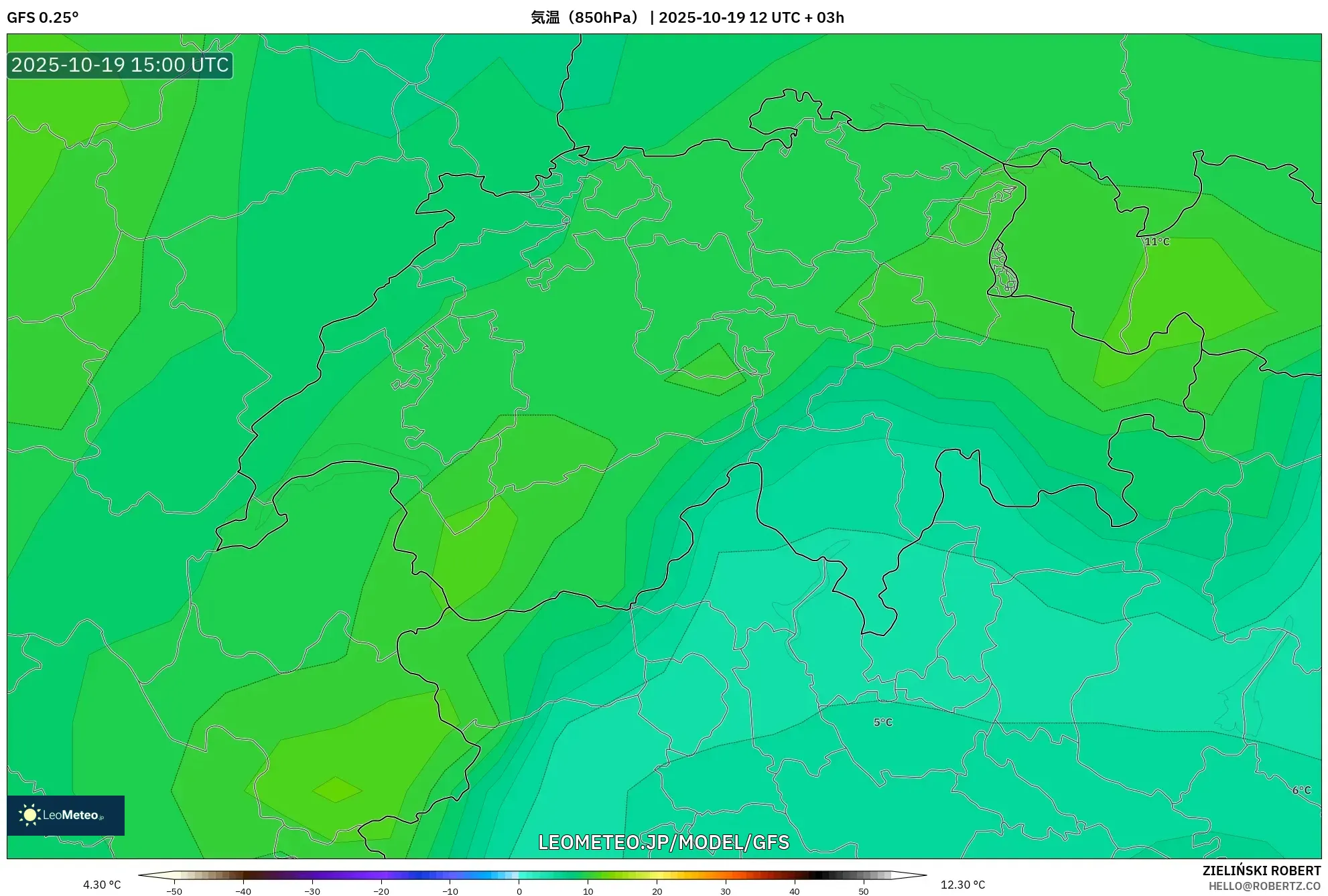 GFS model - スイス, 気温(850hPa) GFS model - スイス, 気温(850hPa)