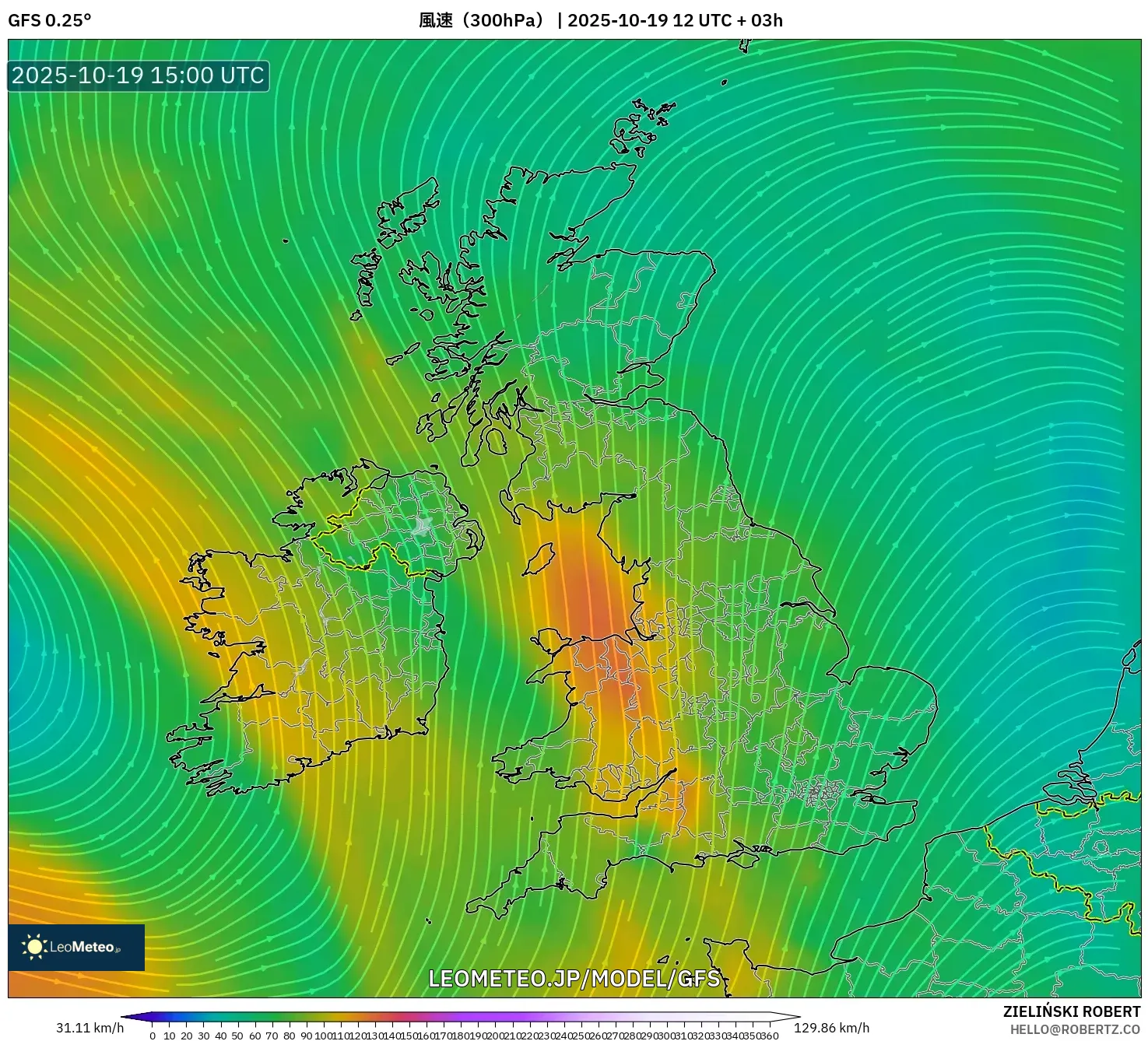 GFS model - イギリス, 風速(300hPa) GFS model - イギリス, 風速(300hPa)