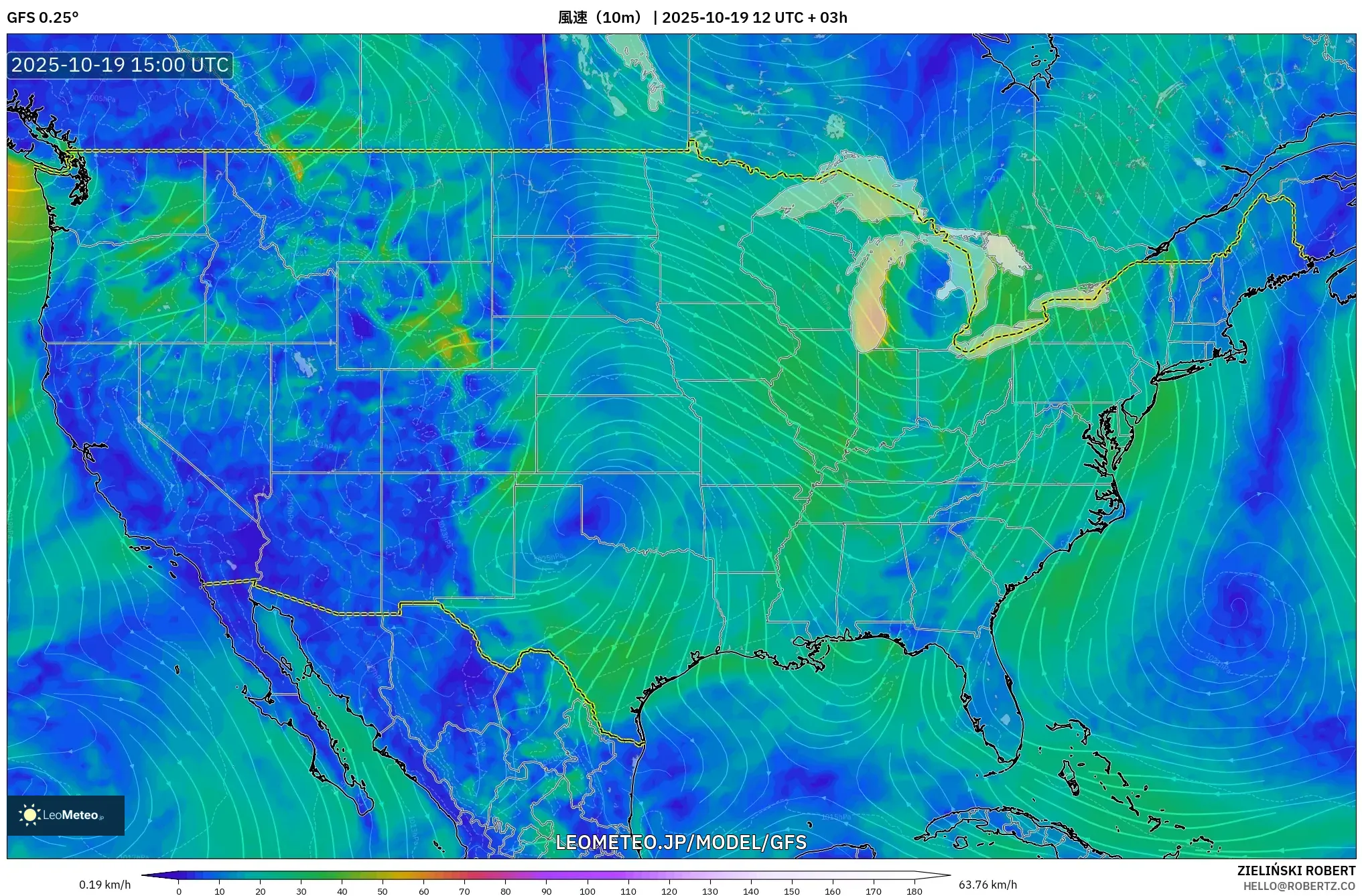 GFS model - アメリカ合衆国, 風速(10m) GFS model - アメリカ合衆国, 風速(10m)