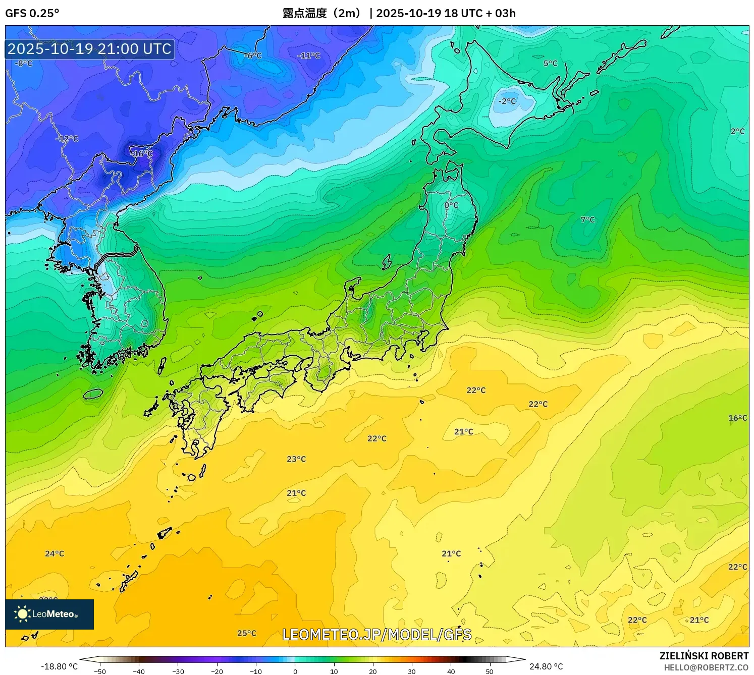 GFS model - 日本, 露点温度(2m) GFS model - 日本, 露点温度(2m)