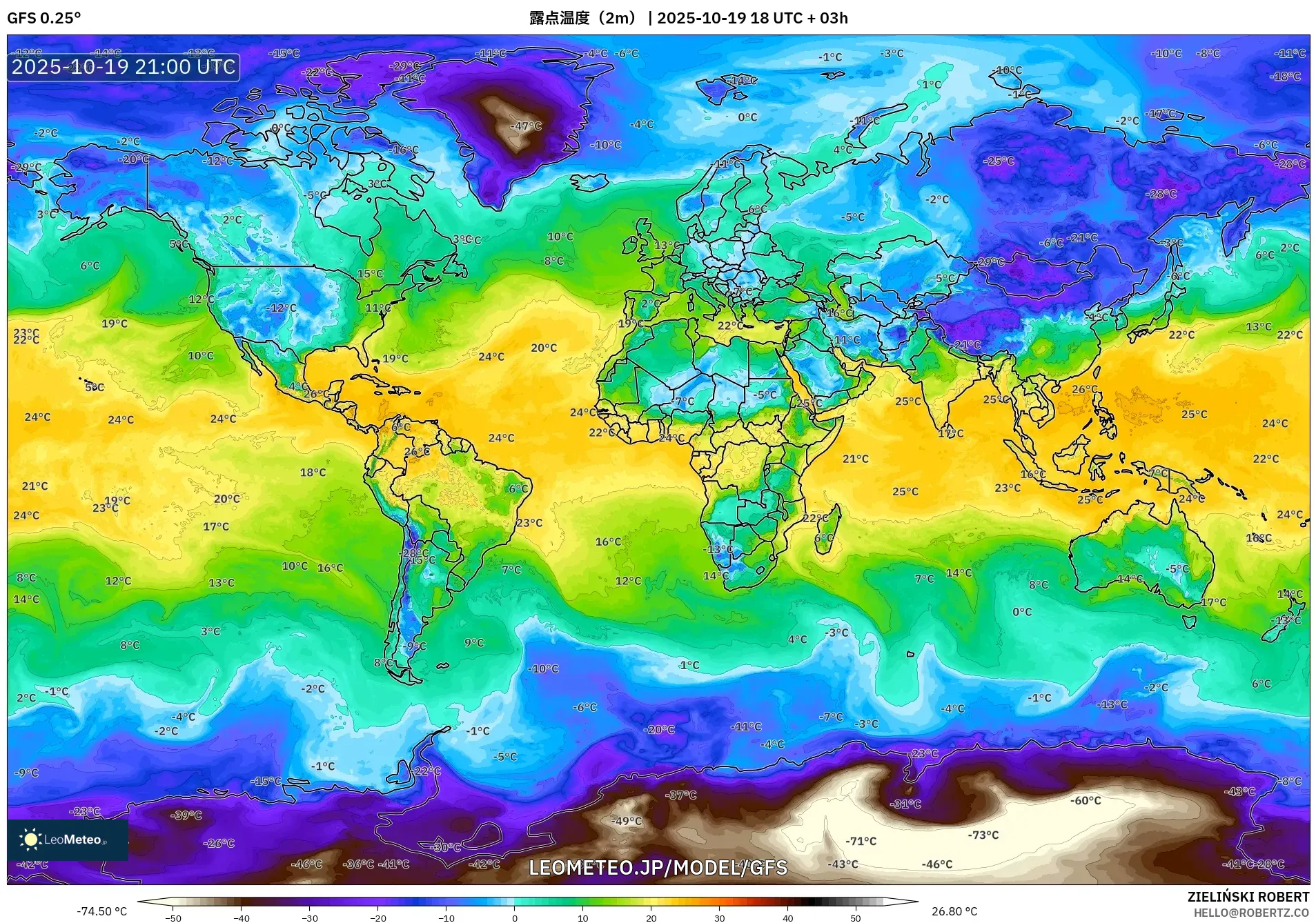 GFS model - 世界, 露点温度(2m) GFS model - 世界, 露点温度(2m)